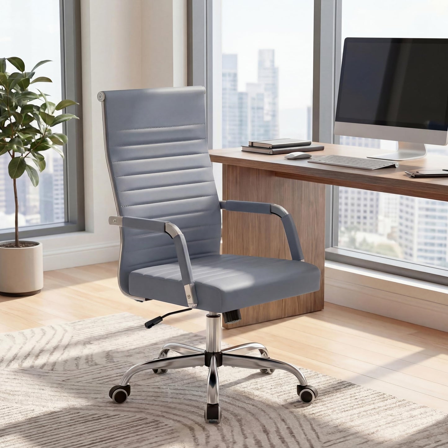 Furmax Ergonomic Office Desk Chair, Executive Ribbed Mid-Back PU Leather Conference Room Chair Adjustable Swivel Chair with Arms (1, Grey)