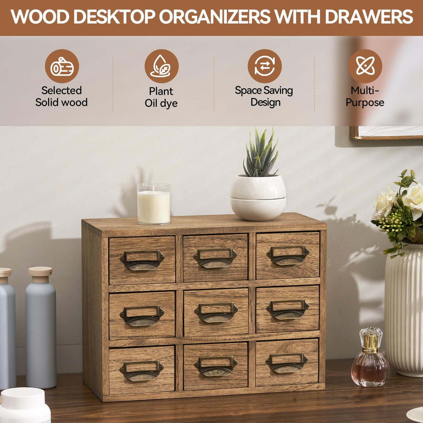 KIRIGEN Wooden Desk Storage Cabinet with 9 Mini Drawers, Solid Wood Desktop Organizer with Metal Label Handles for Office Supplies, Crafts, Tea Bags, Makeup, Brown 9CG-DBR