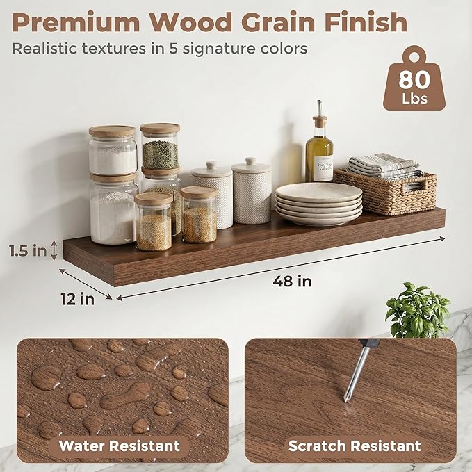 12 inch Deep Floating Shelves for Wall, 48 inch Wide Engineered Wood Wall