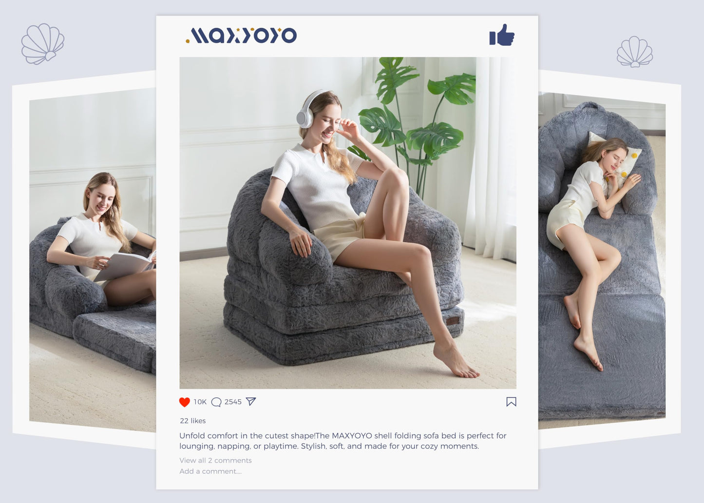 MAXYOYO Folding Sofa Bed, 2 in 1 Convertible Sofa to Lounger Comfy Single Bean Bag Chair for Adults, Floor Couch with Handle, Faux Fur Couch Bed for Living Room Bedroom, Grey