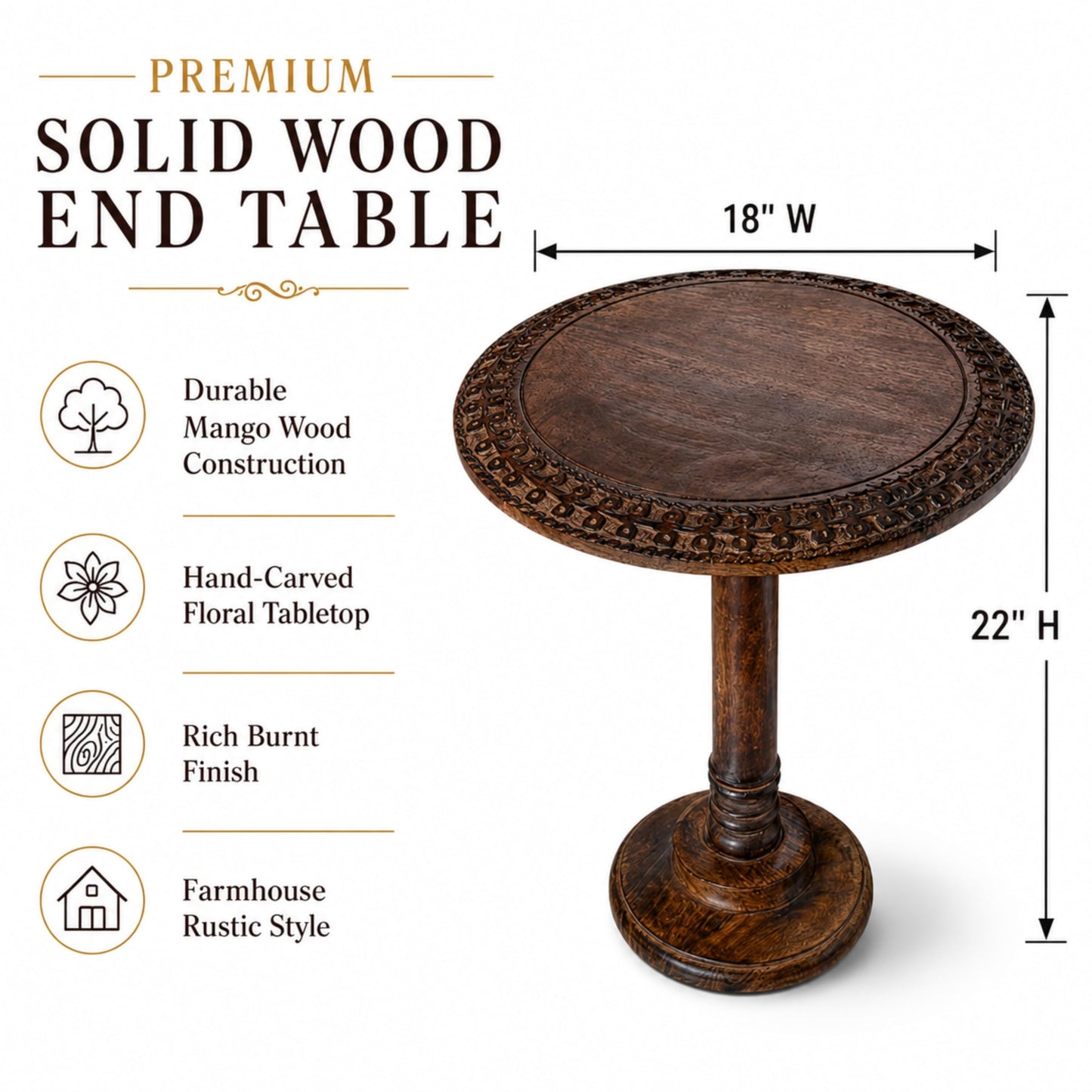 Farmhouse Side Tables for Living Room, Solid Wood End Tables Living Room, Small Round End Table, Rustic Coffee Table Accent, Wooden Side Table for Bedroom & Sofa Side, Burnt Finish