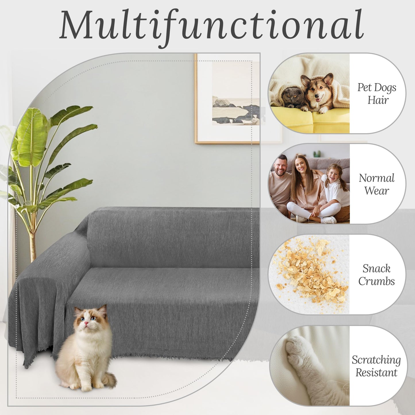 HDCAXKJ Corner Sectional Couch Covers for Dogs L Shape Sofa Cover with Tassel Chenille Super Soft Non Slip U Shaped Couch Cover Blanket Washable Sofa Slipcovers Protector (Light Gray, 91x276 inch)
