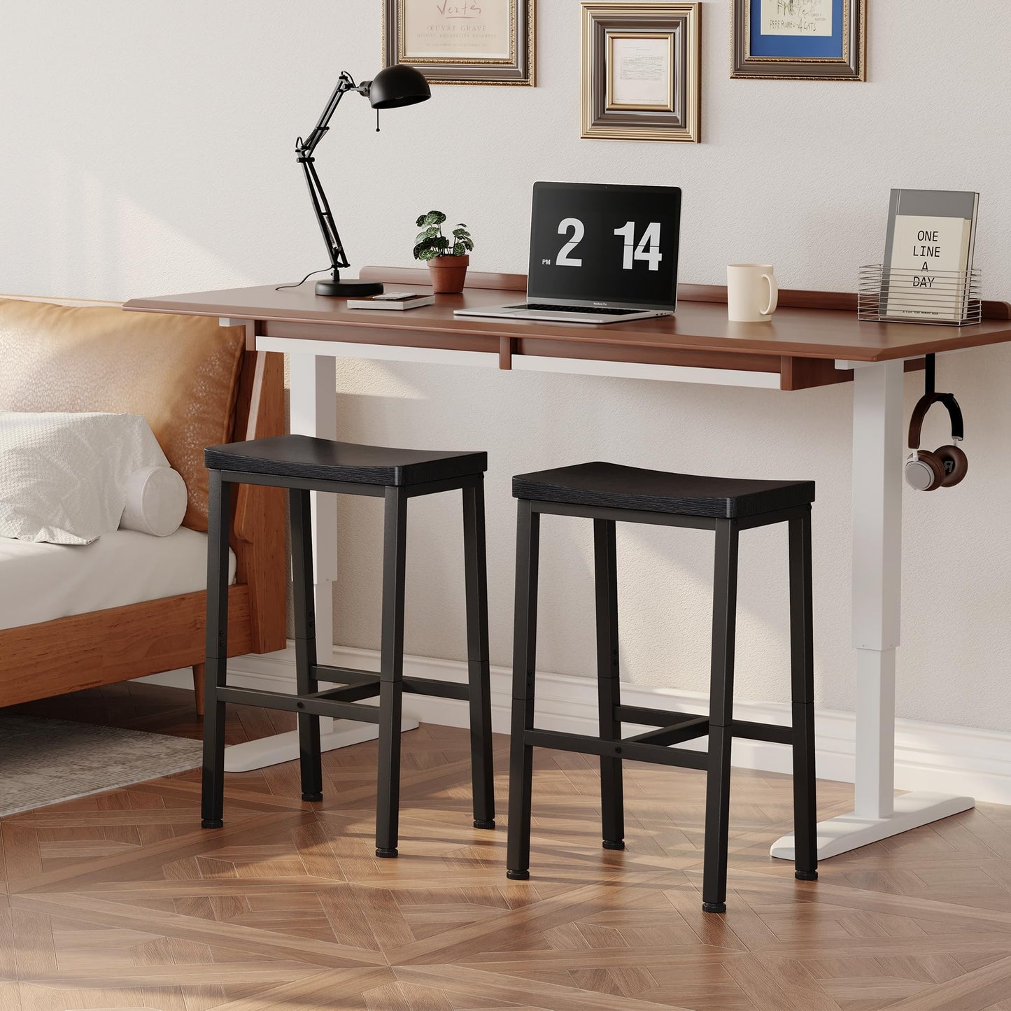 Homeiju Bar Stools, Counter Height Bar Stools Set of 2, 23.6 Inch Saddle Stools with Footrests, Industrial Kitchen Counter Seat for Dining Room, Kitchen, Counter, Black