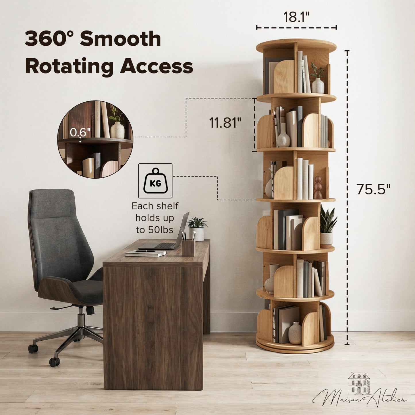 Maison Atelier 6-Tier Rotating Bookshelf with 18″ Wide Shelves, Solid Wood Bookcase for Living Room, Bedroom & Kids Room, Space-Saving Corner Bookshelf with Lazy Susan Organizer - [Pine]