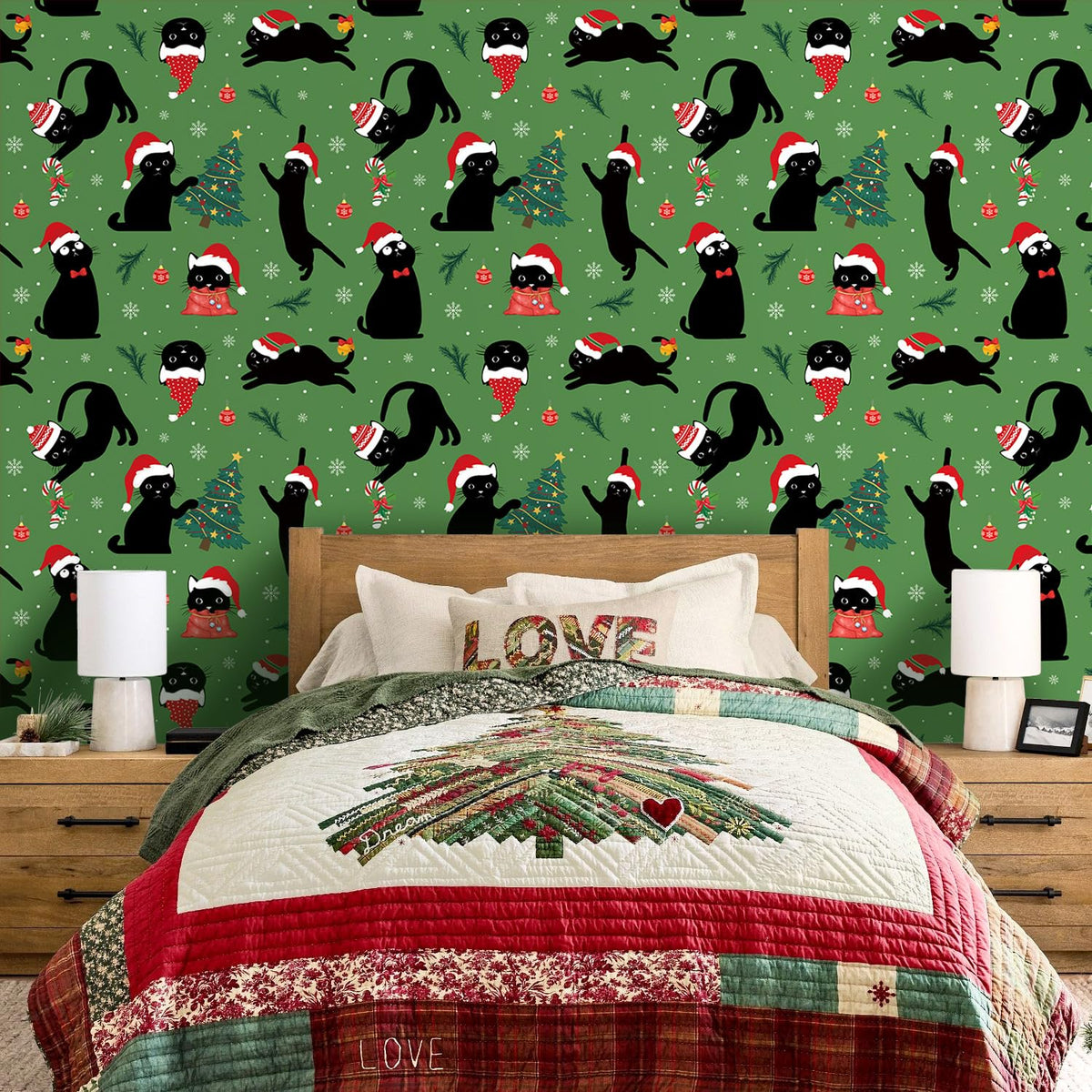 LHIUEM 17.3”X118”-Christmas Cat Wallpaper Peel and Stick Merry Christmas Tree Contact Paper for Cabinets Black Cats Santa Hats Wallpaper Candy Cane Gift Wrapping Paper for Cat Lovers Party