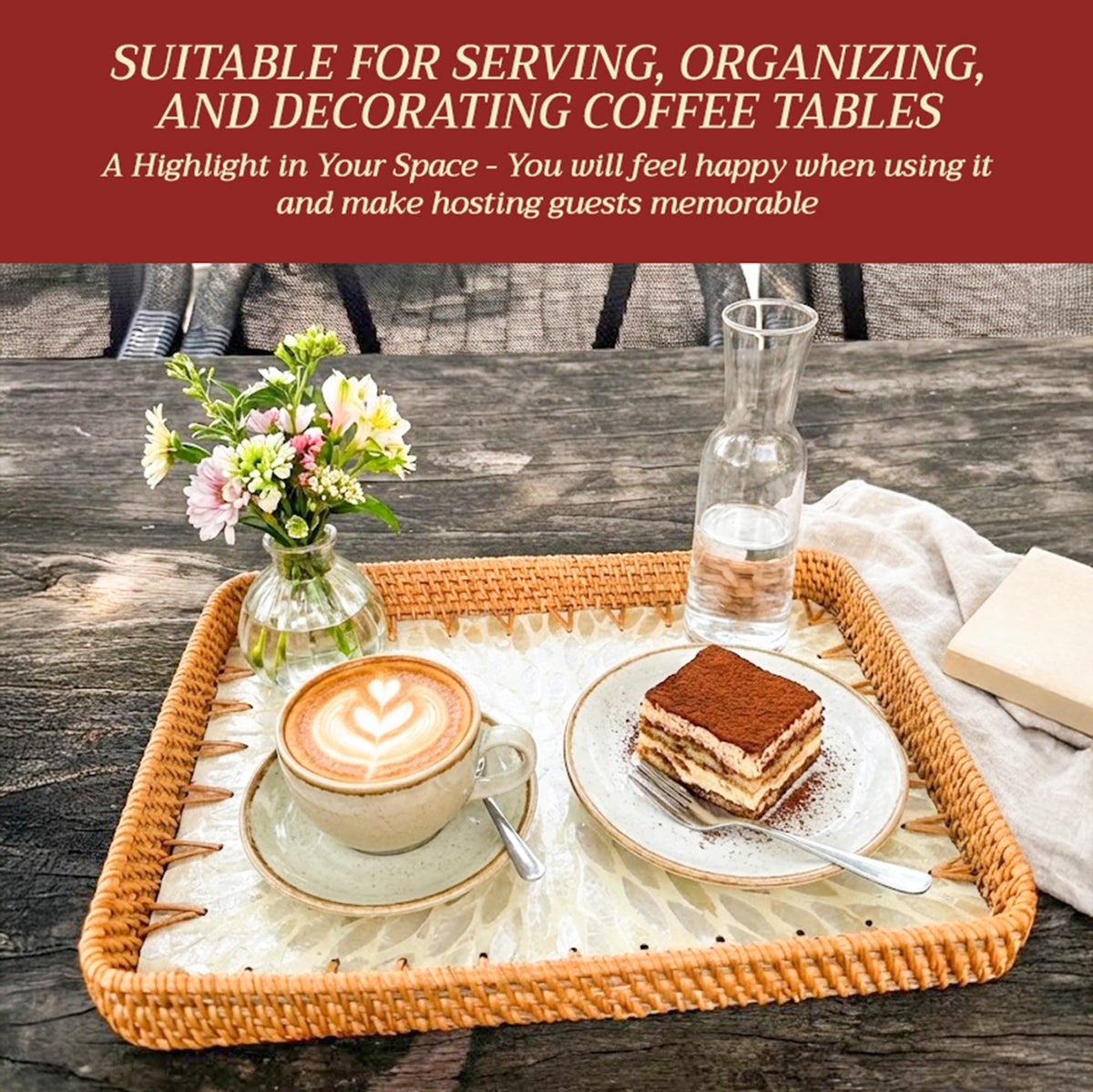 Rattan Tray Rectangle with Mother of Pearl – Unique Decorative Rattan Serving Tray for Food, Bread, Fruits, Snacks & Organizing Bathroom, Coffee Table – Christmas & Housewarming Gift (White 13.3"x9.4)