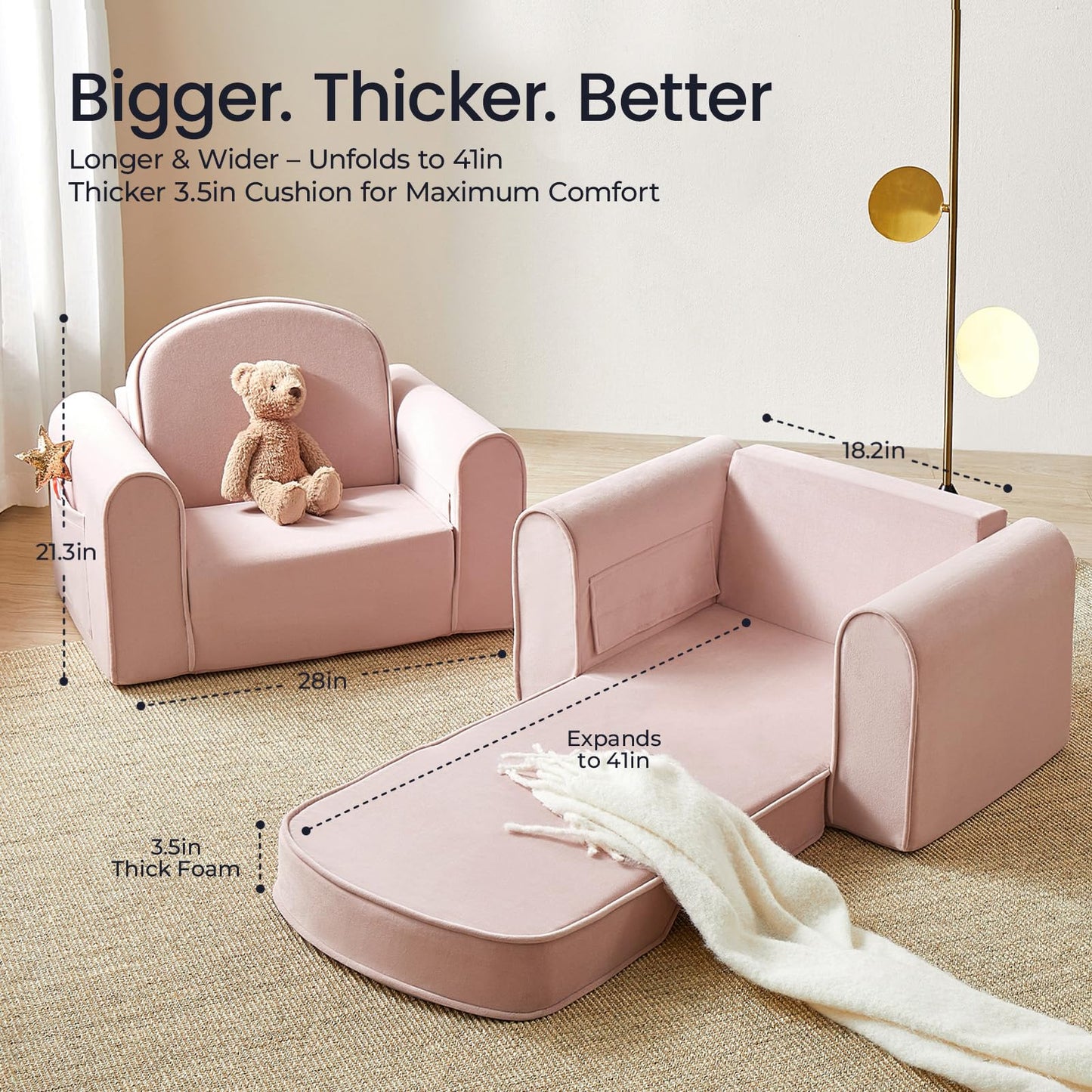 Tiny Land 2-in-1 Foldable Kids Couch with Pockets – Soft Thick Toddler Sofa, Convertible Kids Chair for Playroom, Bedroom or Living Room, Gift for Boys & Girls (Pink)