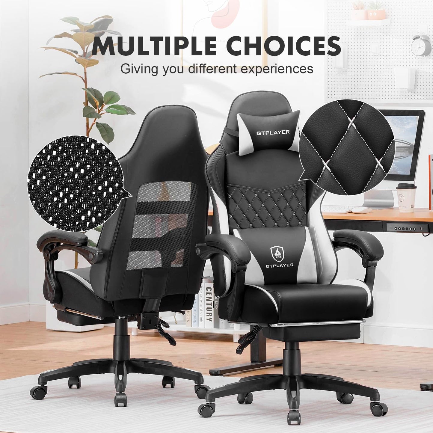 GTPLAYER Gaming Chair, High Back Leather Computer Gaming Chair with Footrest, Ergonomic Height Adjustable Office Chair with Removable Cover and Lumbar Support for Gaming and Work (White)