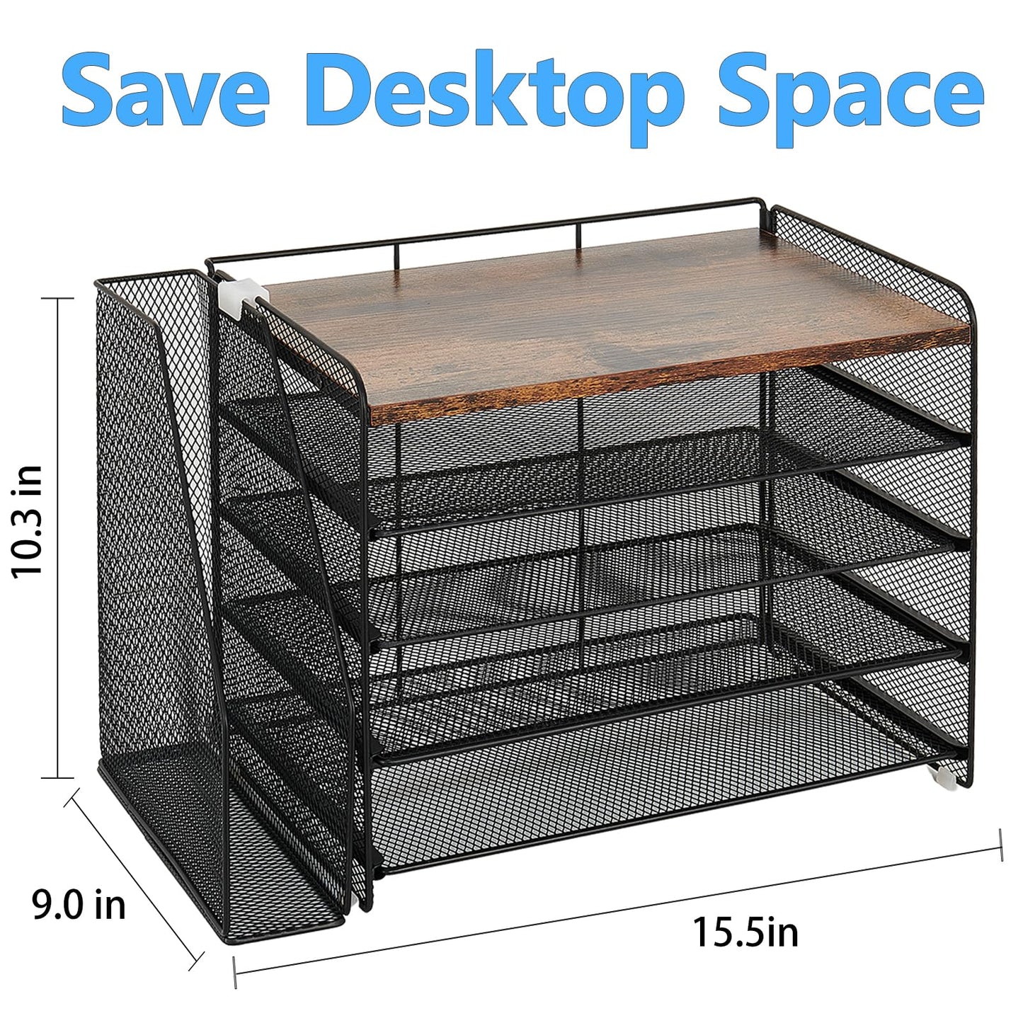 OPNICE Desk Organizer, 5-Tier Paper Organizer Letter Tray with Magazine Holder, Office Desk Accessories & Workspace Organizers, Desktop File Organizer for Office Supplies Storage, Wood