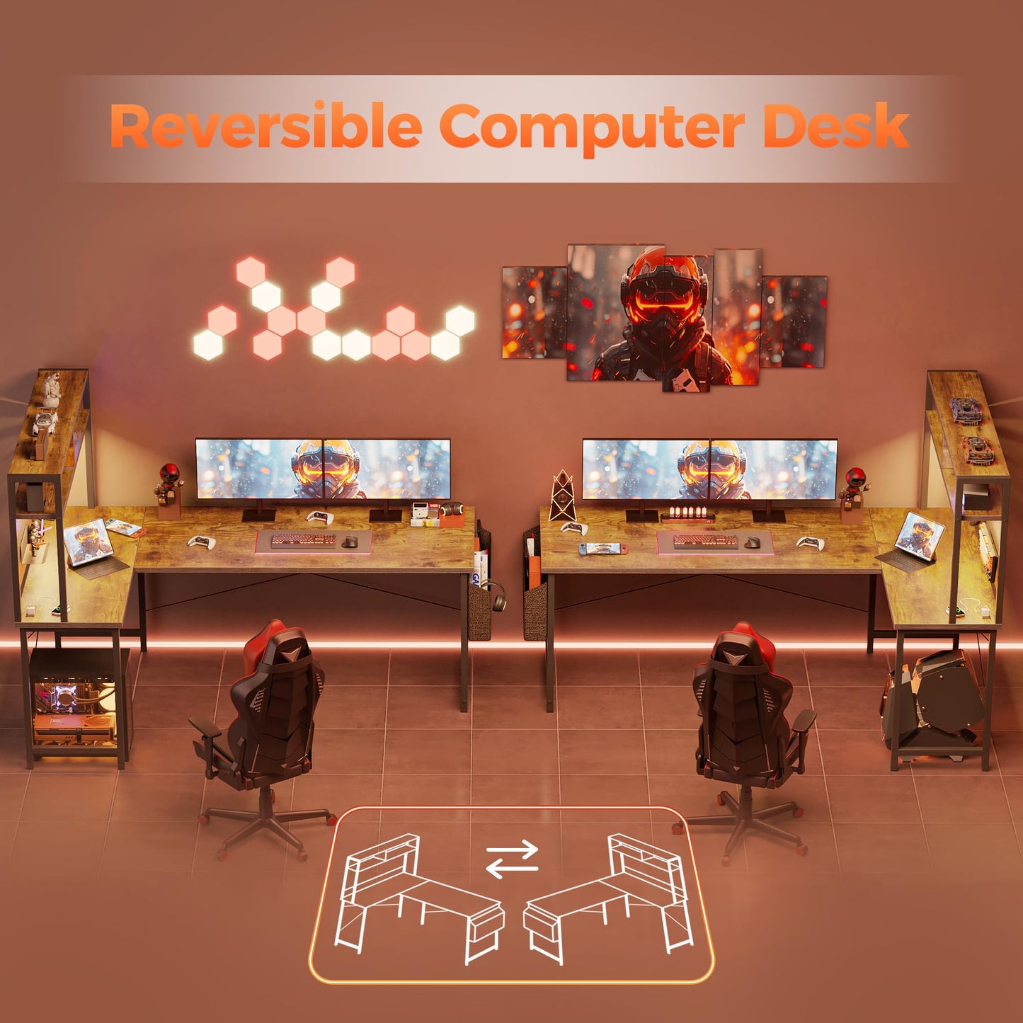 Mericonia 50 inch Large L Shaped Desk with Pegboard Hutch & Shelves, Corner Gaming Desk with Power Outlet, LED Light & Storage Bag, Reversible Computer Desk for Home, Bedroom, Office Workspace, Brown