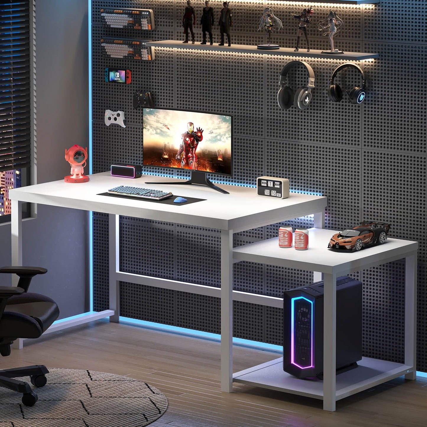 FOLUBAN Large White Computer Desk, Home Office Desk with Printer Space & PC Tower Stand, Modern Study Writing Table Workstation for Living Room Bedroom, 63 Inch