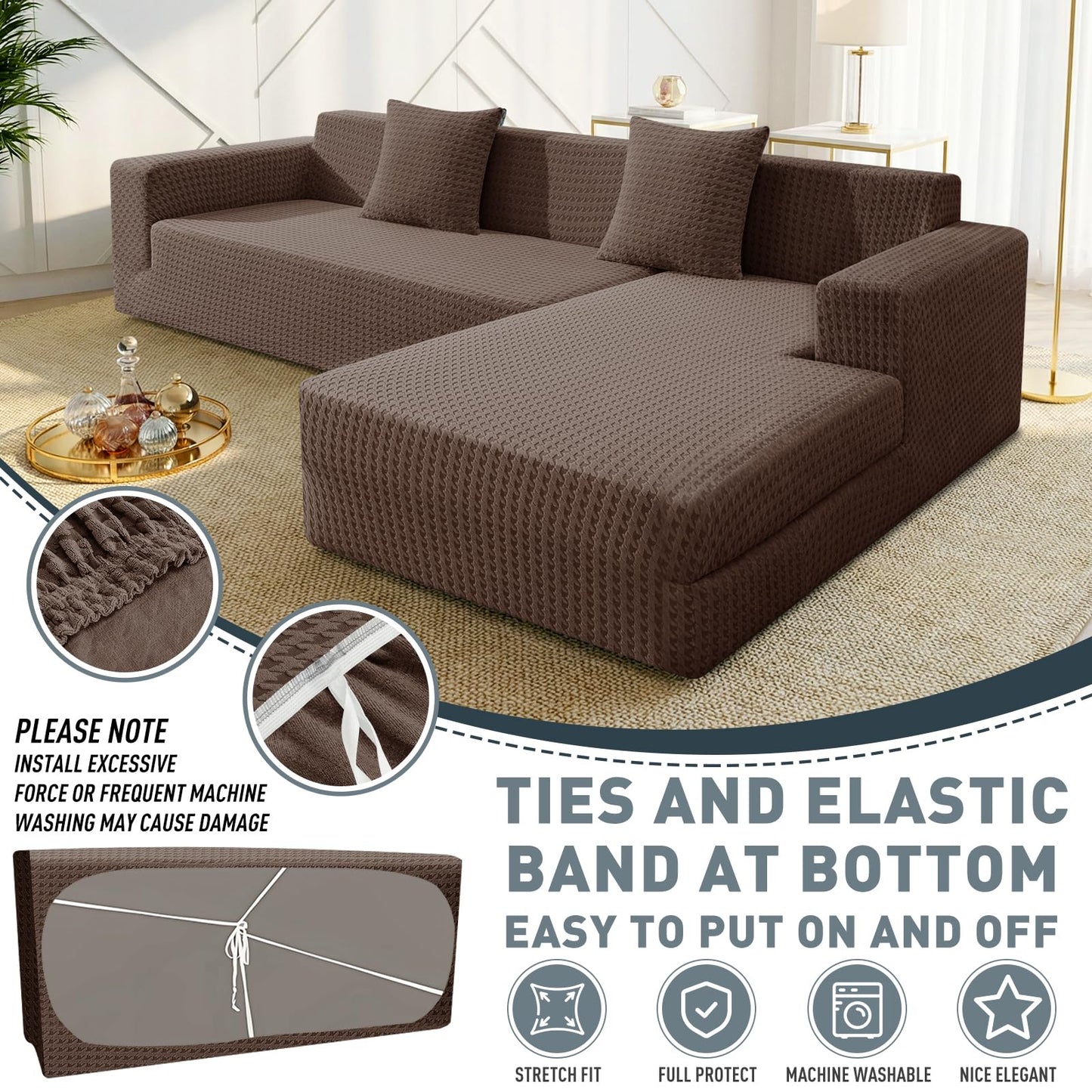 ZNSAYOTX Stretch Sectional Couch Covers New-Houndstooth Texture, Thick Slipcovers with Elastic Bottom for L Shape Sectional Sofa, 2 Pcs Pet Friendly Universal Protector (Chaise or Sofa), Brown