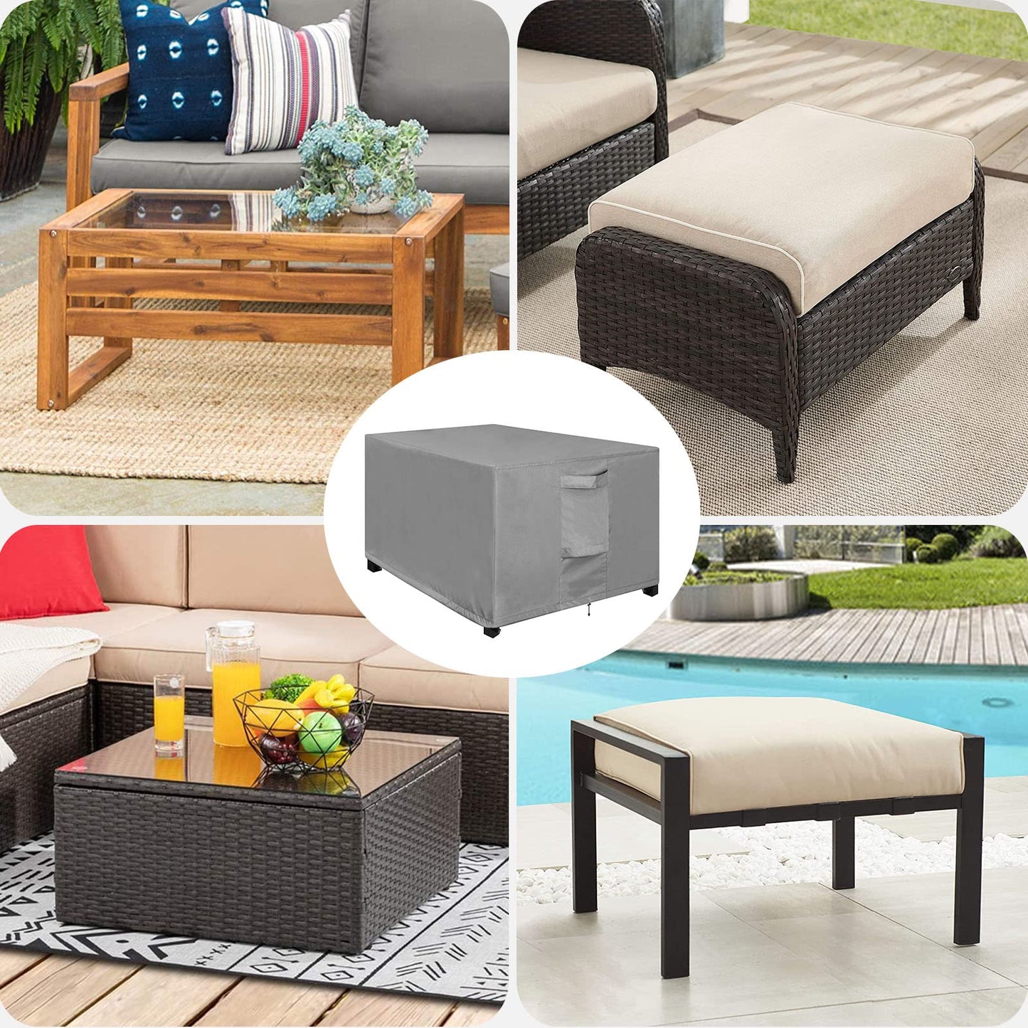OutdoorLines Outdoor Waterproof Patio Ottoman Covers - Rectangle UV-Proof Patio Side Table Cover Windproof Heavy-Duty Furniture Covering Protector 48L x 25W x 18H Inch, Grey