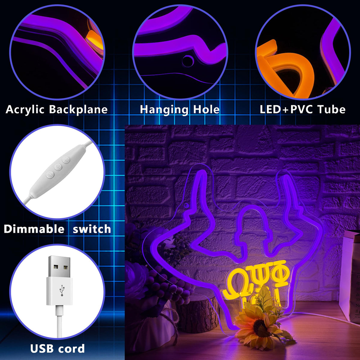 Omega Neon Light Sign Dimmable LED Greek Gesture Shape Retro Math Letter Psi Phi Neon Light, Party Bar Game Room Cinema Living Room Decor Festive Omega Birthday Holiday Gifts(15.7 * 11.8in)