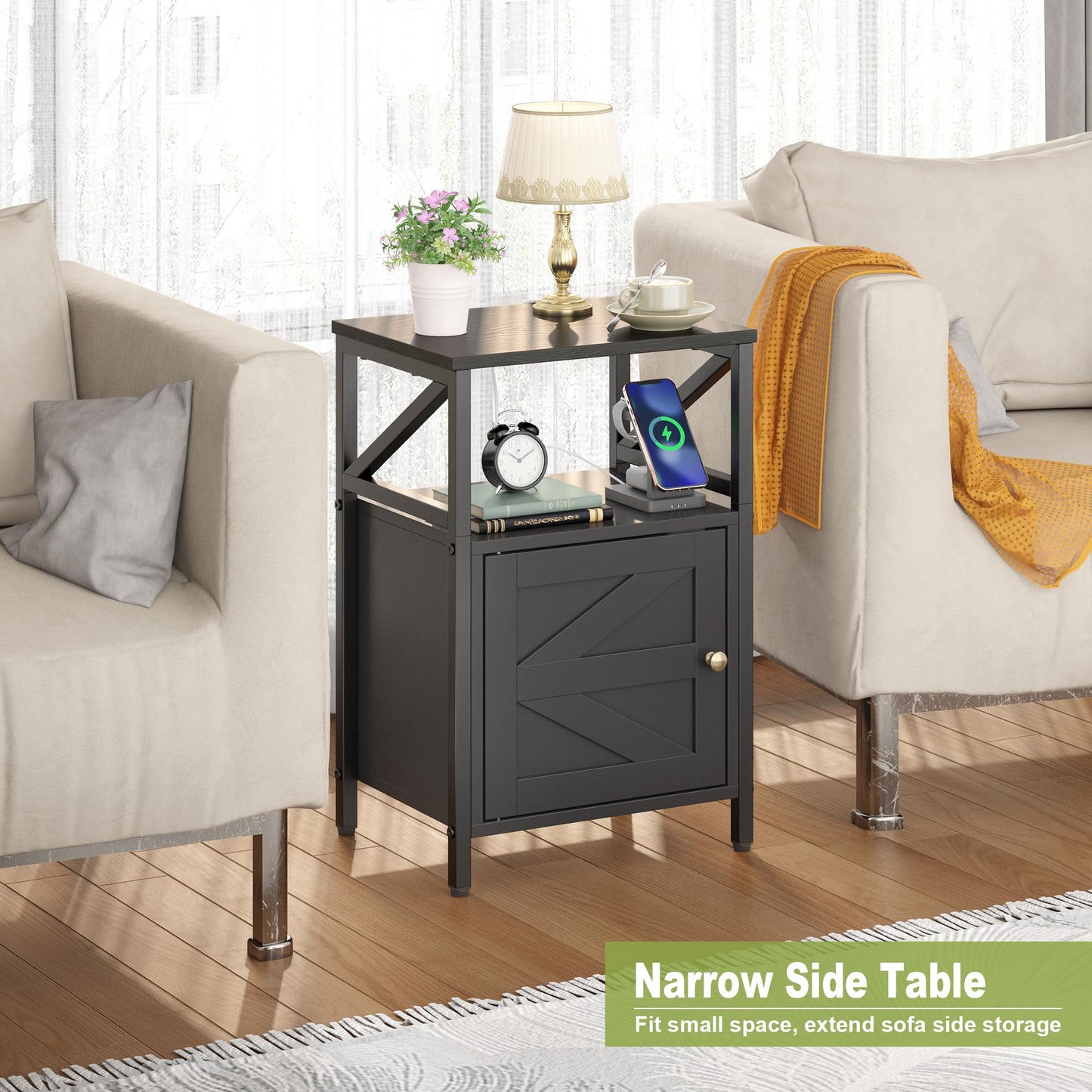 FUNHUKSON Farmhouse 3-Tier Side Table with USB Charging & Outlets Black