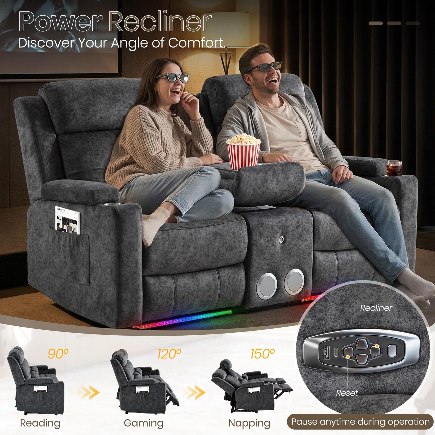 PALLOME Power Recliner Loveseat Sofa with Bluetooth Speakers, Home Theater Seating with LED Lights, One-Key Reset, USB-C Charging Ports, Hidden Storage, RV & Apartment (Grey)