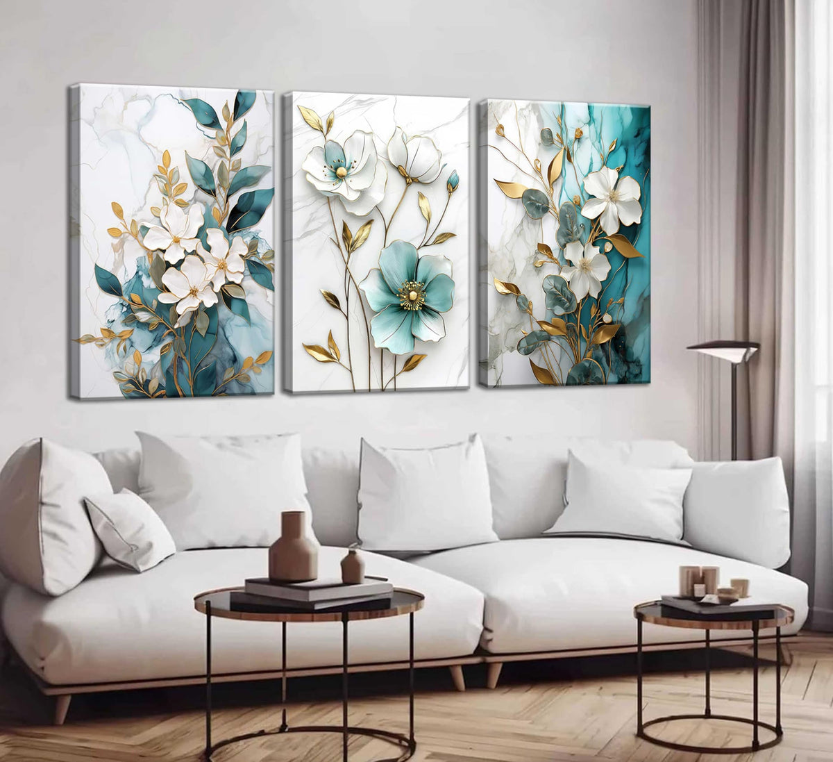 3Pcs White Gold Flower Canvas Wall Art Modern Luxury Blue White Gold Abstract Marble Floral Botanical Painting Picture Wall Decor Poster Print Artwork for Living Room Bedroom Home Decoration