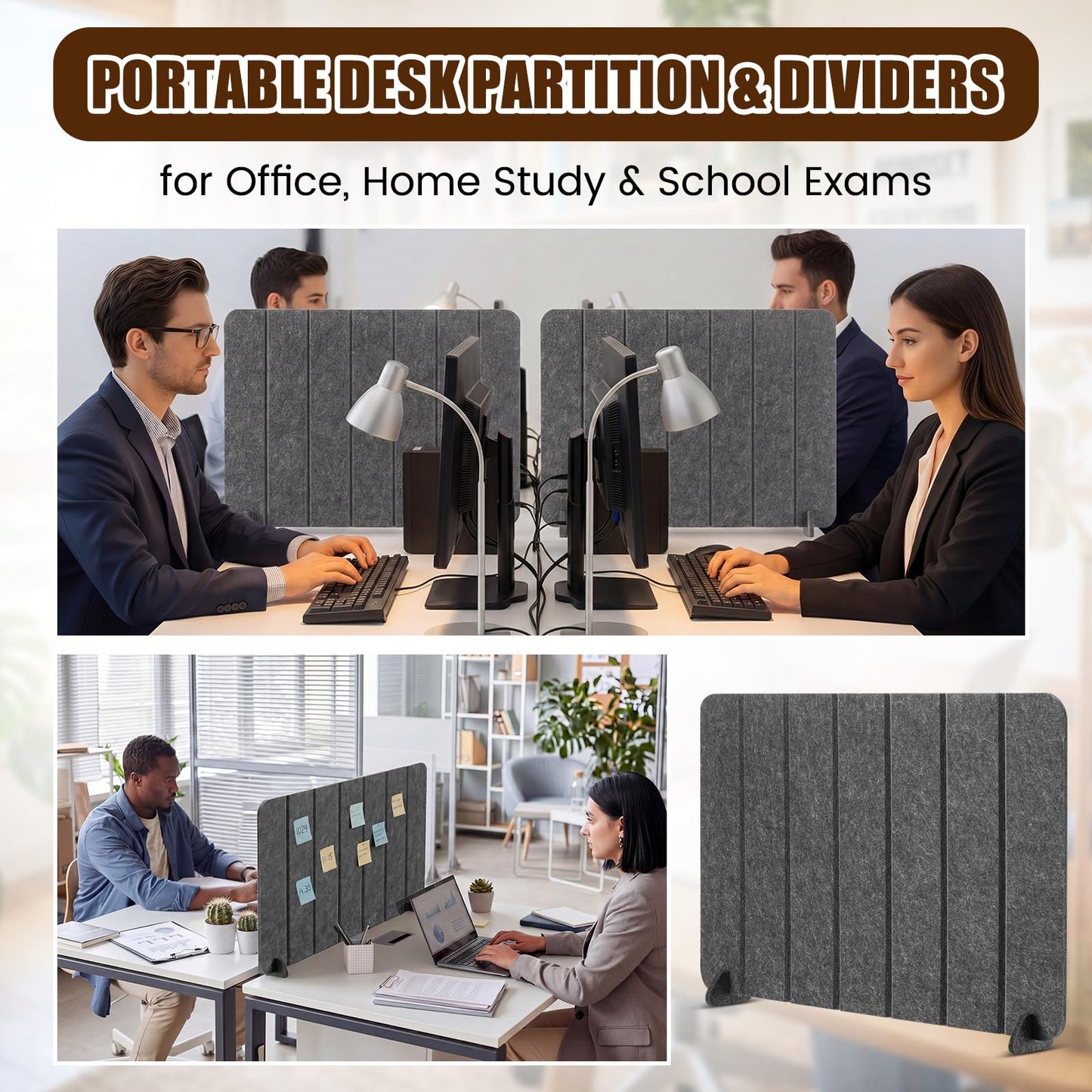 Poola Voidra 4 Pack Felt Desk Privacy Panels, 16 x 24 Inches Sound Absorbing Desktop Divider with 8 Stable Bases Foldable Office Partition for Home & Office, Grey Acoustic Desk Divider