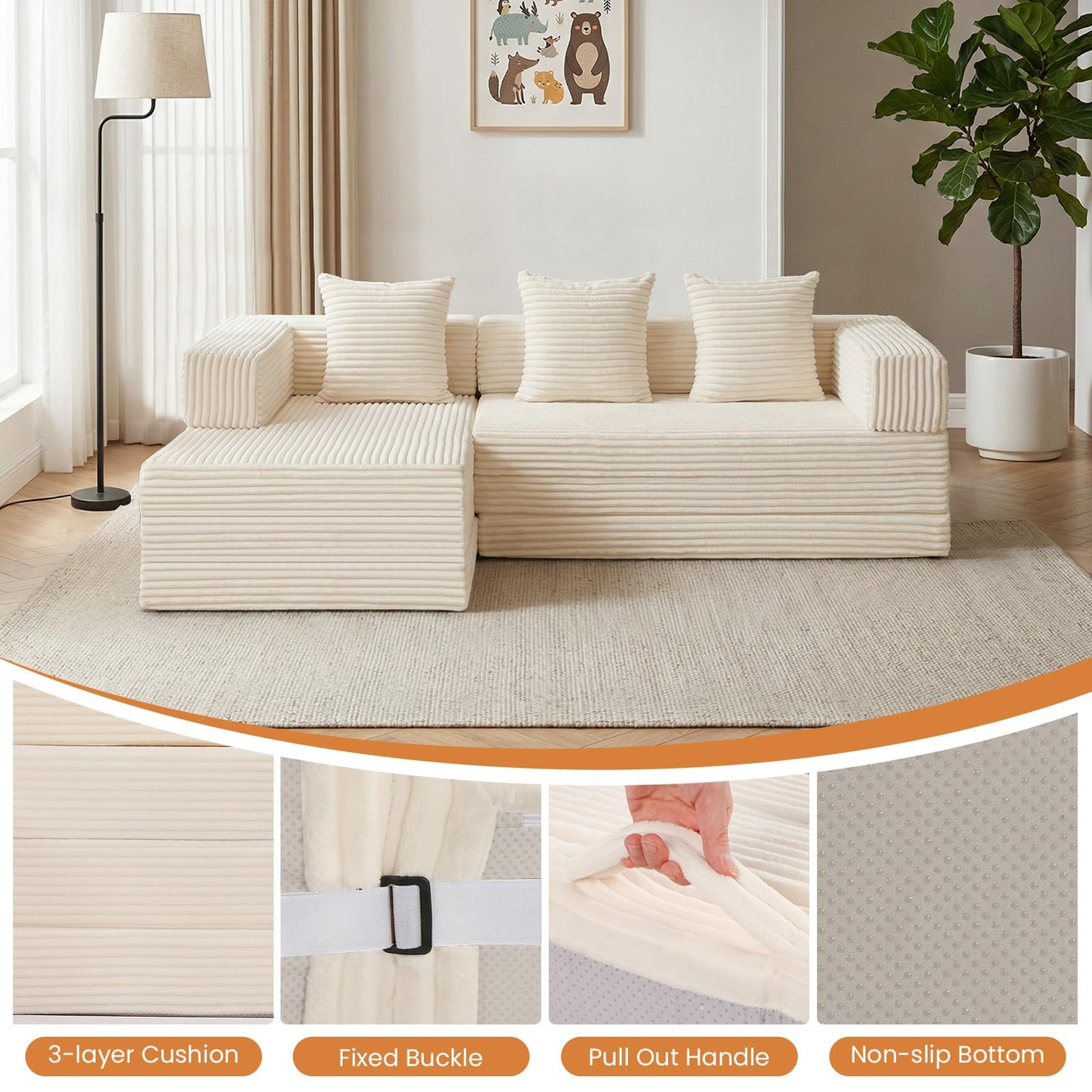 79" Modular Sectional Sofa, Boneless Convertible Sleeper Sofa Bed, Modern Tri-Folding Cloud Couch with L-Shape Chaise, Corduroy Futon for Living Room Small Spaces Apartment, No Assembly, Beige