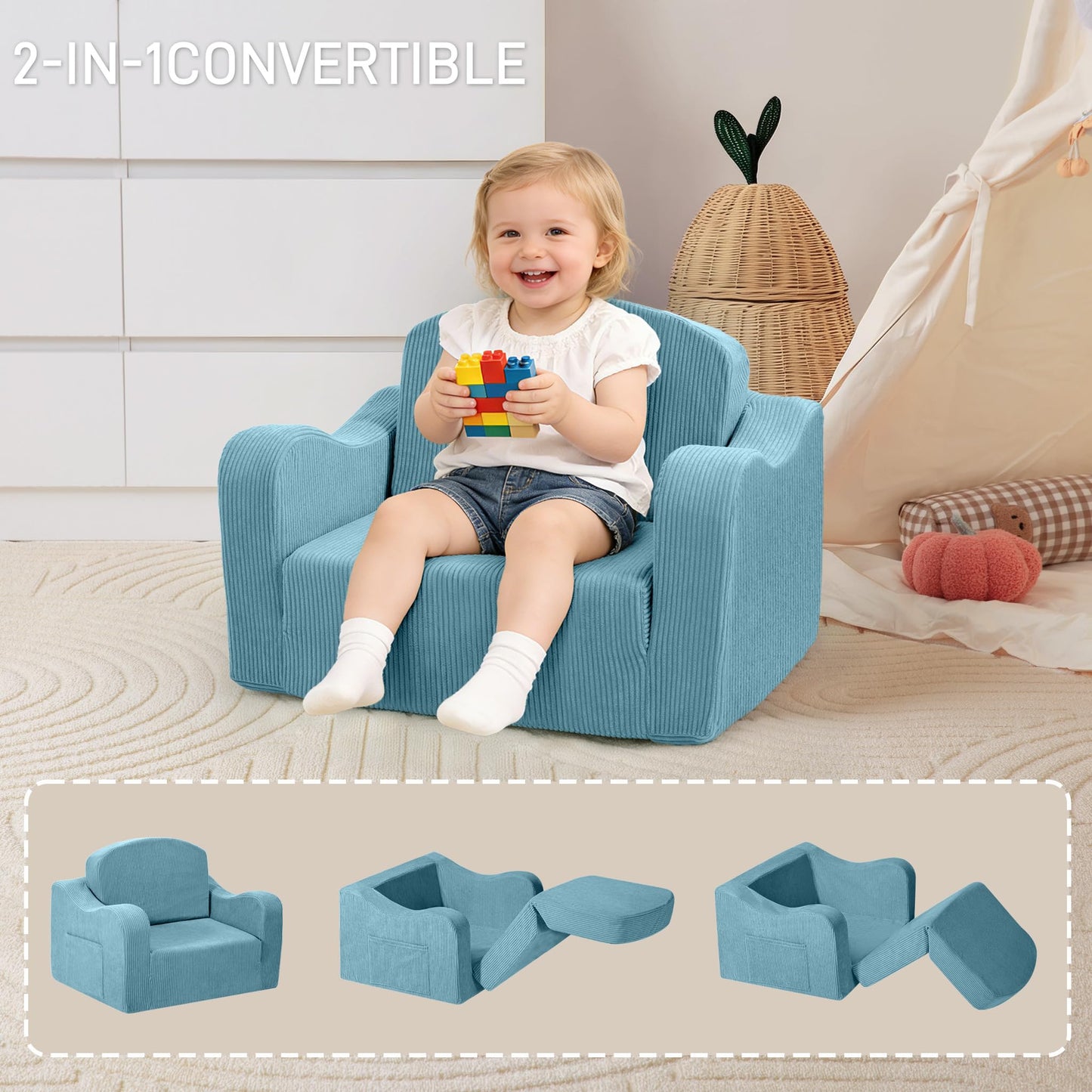 aodisman 2-in-1 Kids Chair and Couch, Thick Cozy Corduroy Kids Sofa, Convertible Foam Seating for Reading, Playing, Removable Washable Cover,Blue
