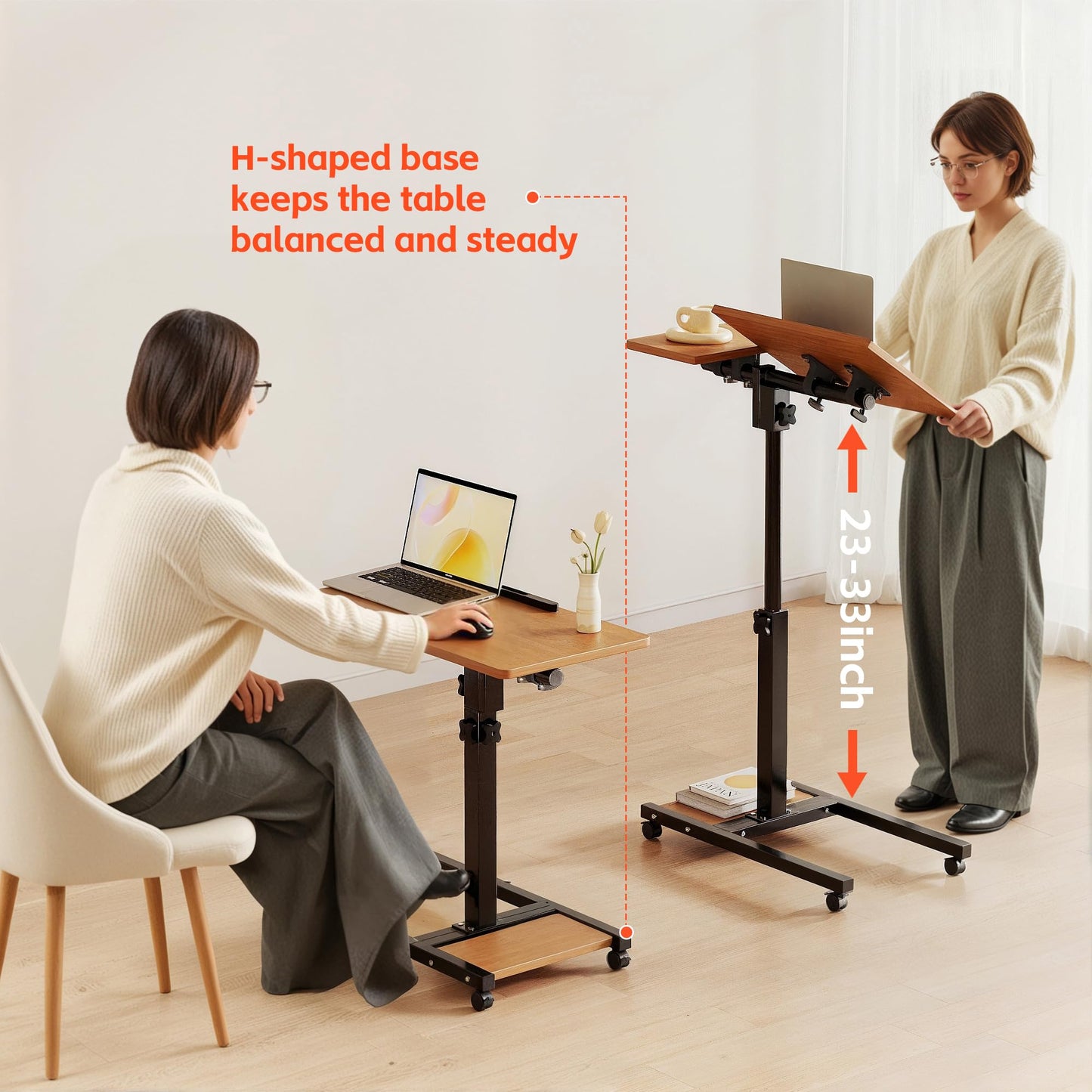 Furist Mobile Adjustable Height Laptop Stand PC Computer Portable Notebook Swivel Laptop Desk Rolling Table Desk Cart Tiltable with Wheels Casters& Mouse Pad Table，Natural