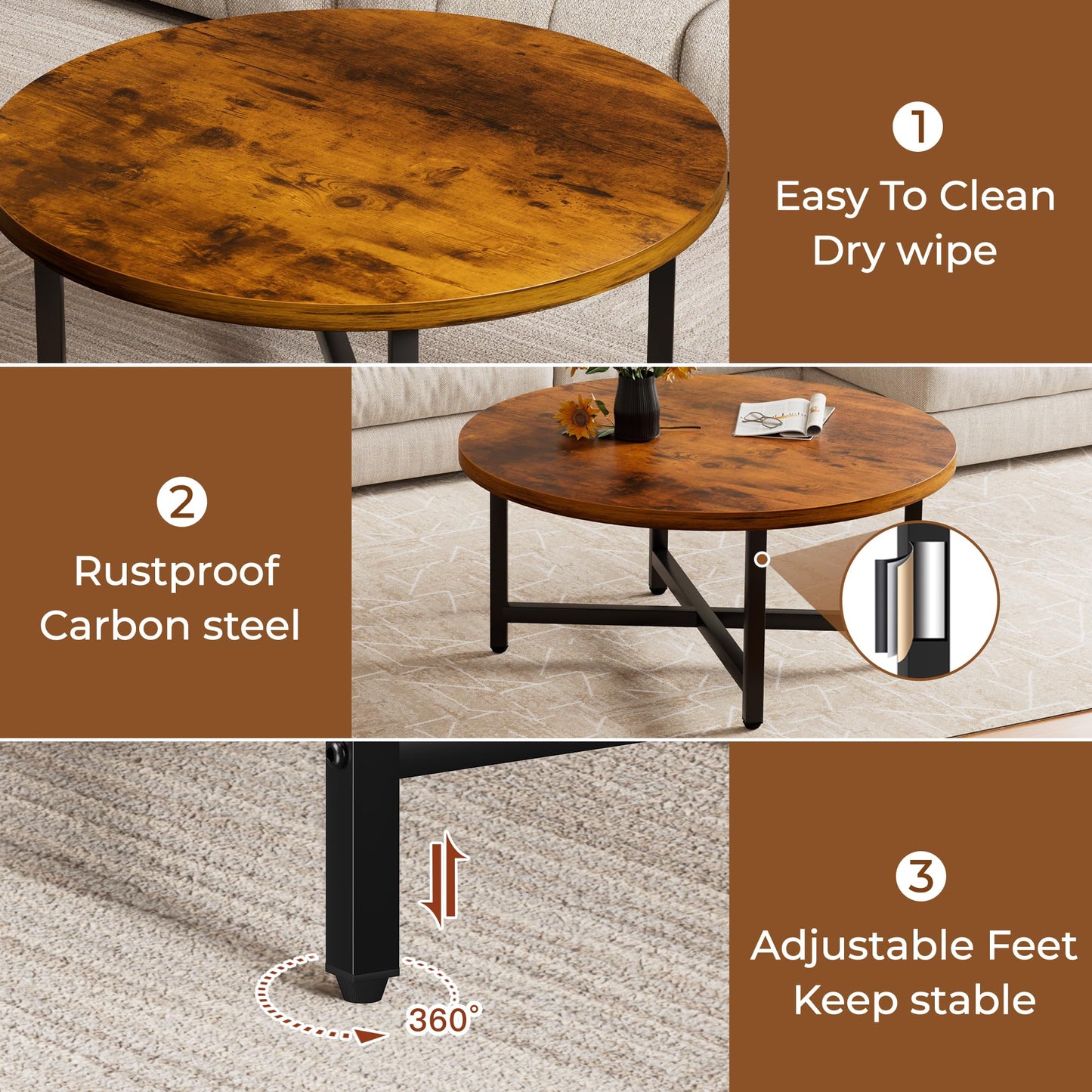 FURMORENE Coffee Table, 31.5" Large Coffee Tables, Brown Round Coffee Tables for Living Room, Floor Table for Sitting on The Floor, Center Coffee Table with Metal Frame for Office Apartment Home