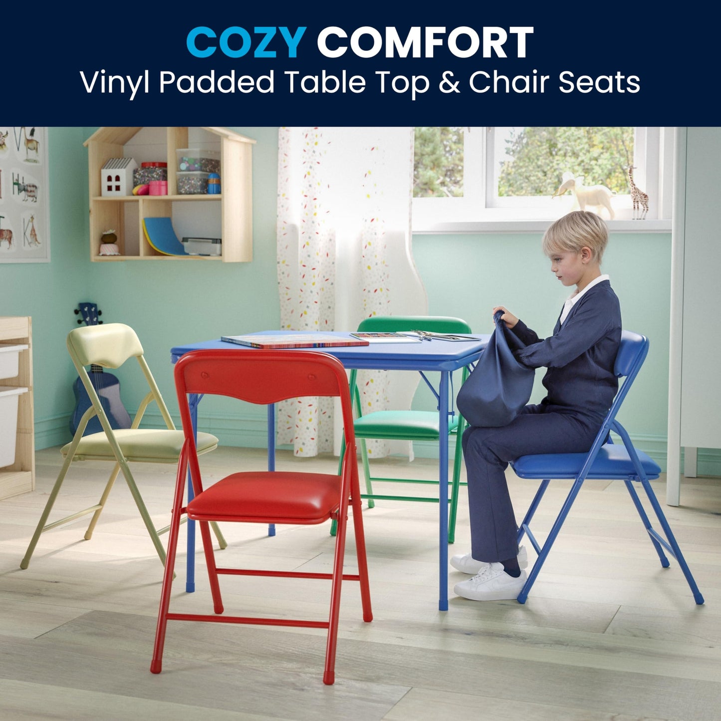 Flash Furniture Mindy Kids 5-Piece set Folding Square Table and Chairs Set for Daycare and Classrooms, Children's Activity Table and Chairs Set, Multicolor