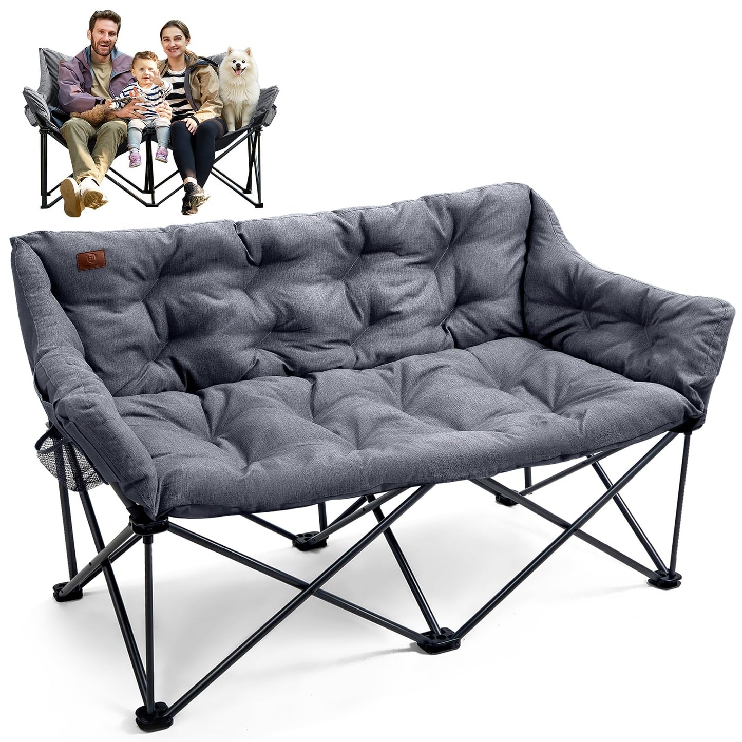 EVER ADVANCED Extra Large Double Camping Chair for Adults, Family Size Padded Folding Camping Love Seat Bench with Side Pocket Portable Camping Couch, Two Person Heavy Duty Folding Outdoor Chair