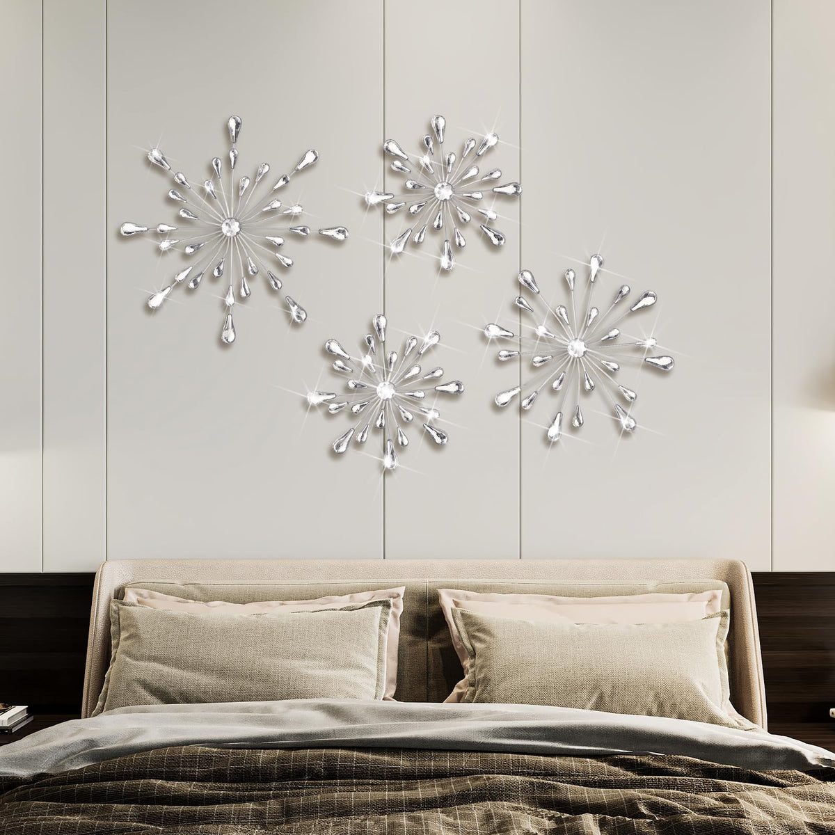 Hicarer 4pcs 3D Silver Metal Starburst Wall Decor Bling Crystal Wall Art Cast Iron Rhinestones Sunburst Decor Jeweled Hanging Glitter Diamond Accents Home Decorative for Living Room Bedroom Entryway