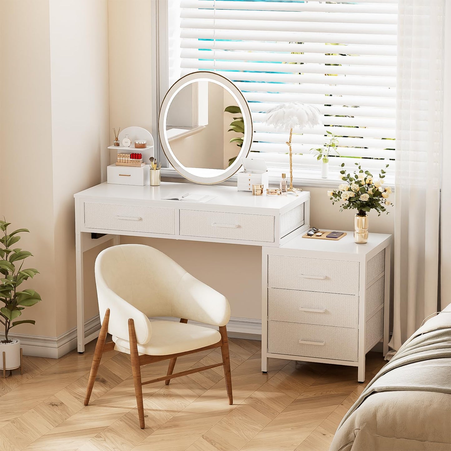 Unikito Reversible Computer Desk with 5 Drawers, Sturdy Office Desk with Power Outlets and USB Ports, Study Writing Table with File Cabinet & Printer Stand, Vanity Desk with Storage, White