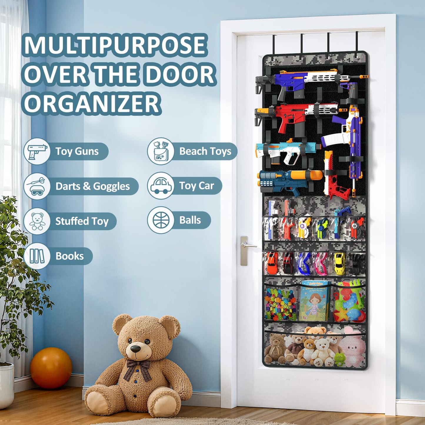 Over The Door Organizer for Toy Guns, Toys Organizer with Pockets, Hook&Loop Straps for Foam Blasters, Darts, Goggles, Hanging Toys Gun Storage for Kid Rooms, Play rooms, Grey Camouflage