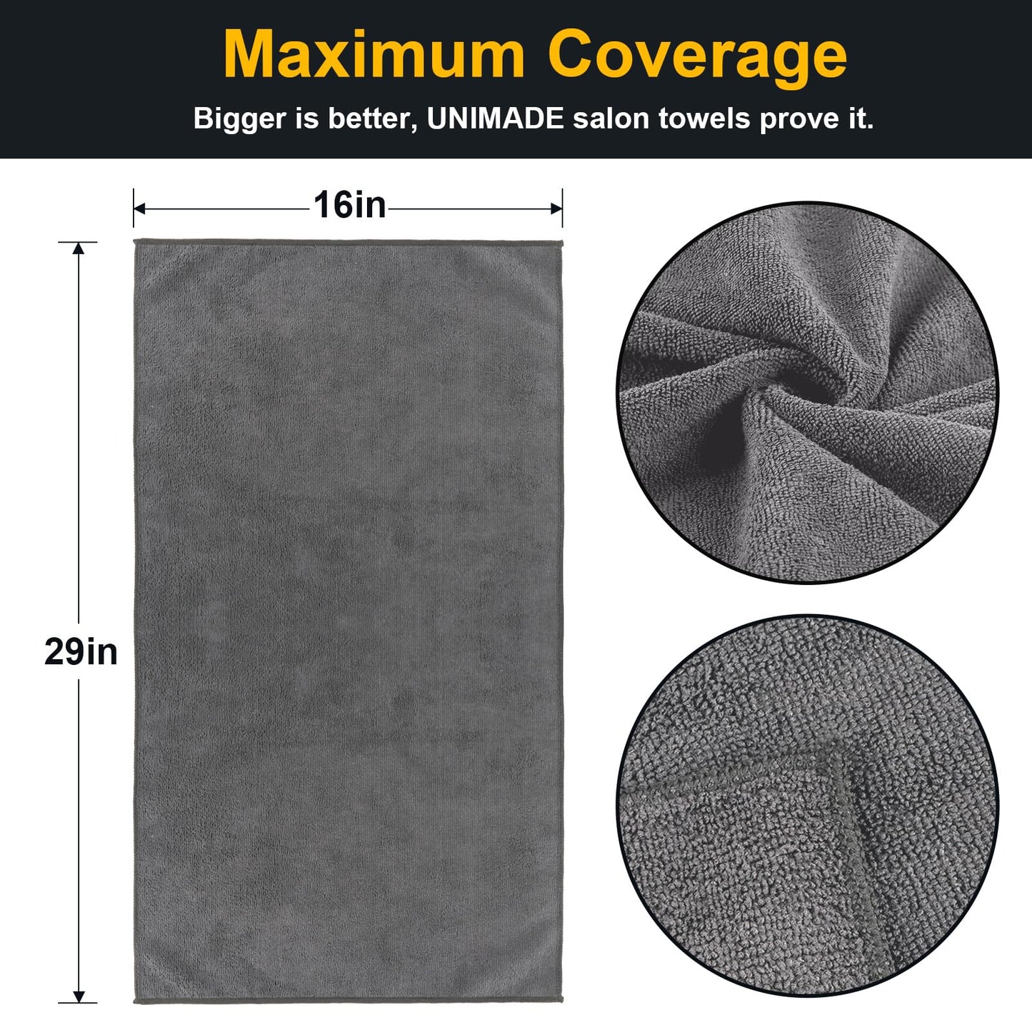 UNIMADE Salon Towels 24 Pack, Super Soft Microfiber Gym Towels, Highly Absorbent Hair-Drying Cloth for Gym, Bath, Spa Use and Home Beauty Care - Grey (16x29 inch)