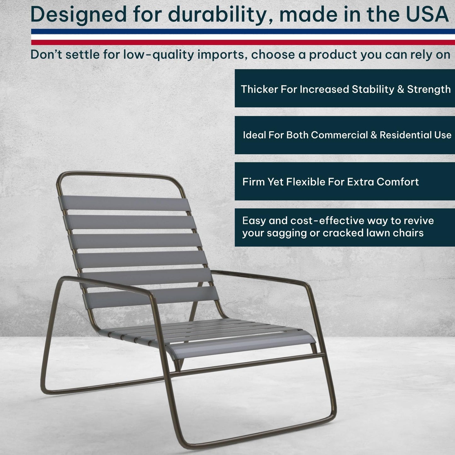 KOMORAX Gray 1.5" Wide 20' Length Chair Vinyl Strap Strapping for Patio Lawn Garden Outdoor Furniture Matte Finish Color
