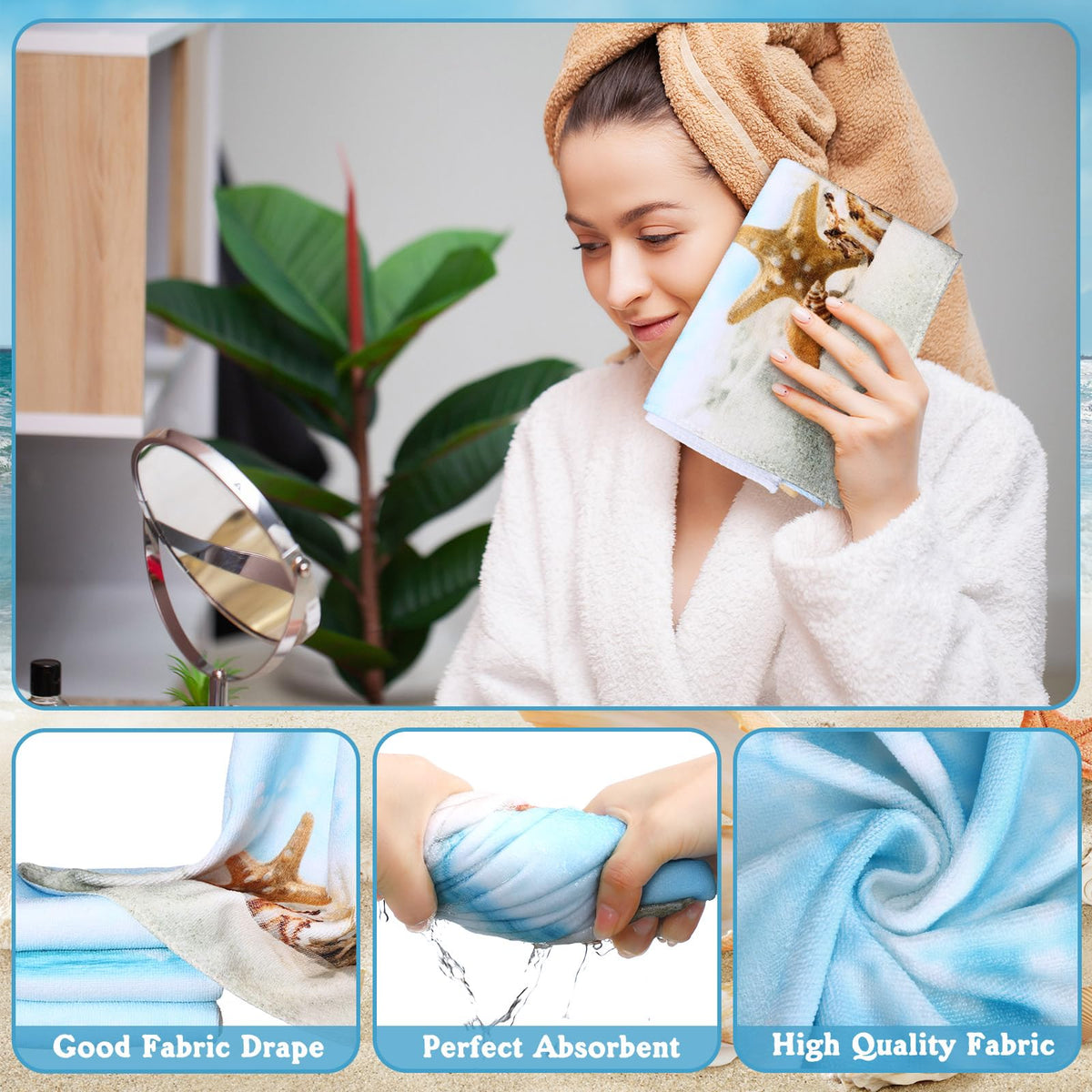 FuWeave 8 Pcs Summer Beach Shower Curtain Set Bathroom Decor Sea Ocean Waterproof Bathroom Accessories Shower Curtain Sets with Towels Carpet Bath Mat Toilet Rugs and 12 Hooks