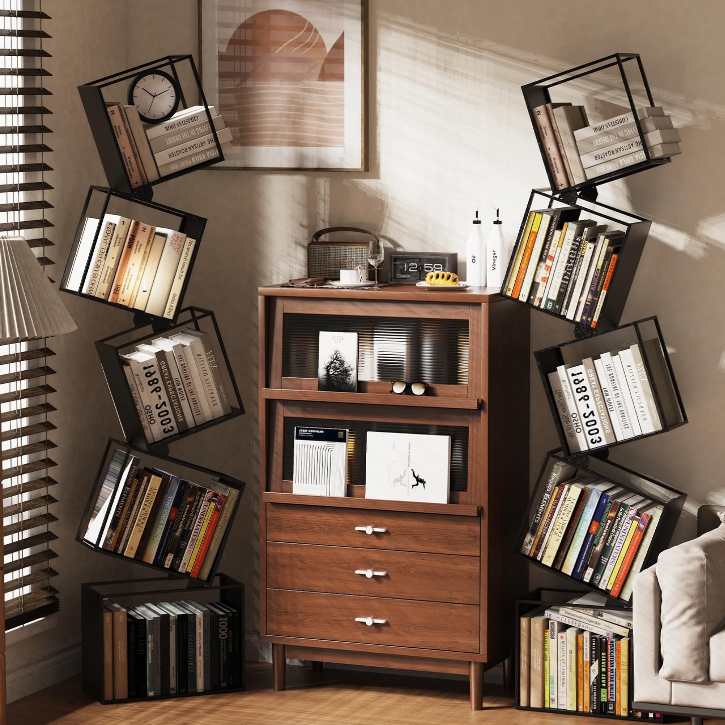Kunicely 5-Tier Metal Geometric Bookshelf – Modern Narrow Floor Bookcase, Space-Saving Organizer for Living Room, Bedroom, Office, Corner – Black