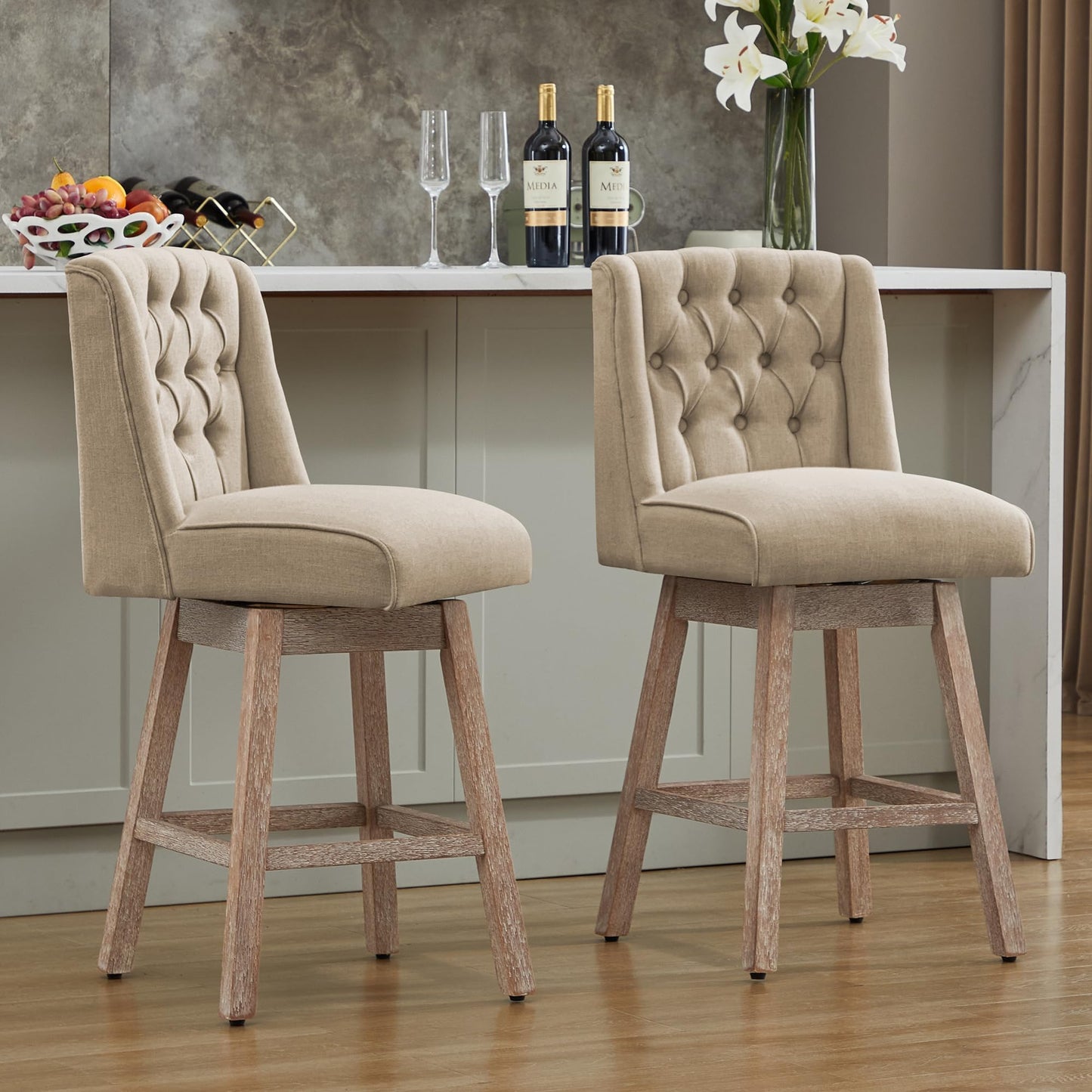 UDAX 26" Swivel Bar Stools Set of 4, Counter Height Barstools with Back, Linen Fabric Upholstered Bar Stools, Modern Barstools Wood Legs for Kitchen Island Dining Room Bar (Brown, 4PCS-26in)