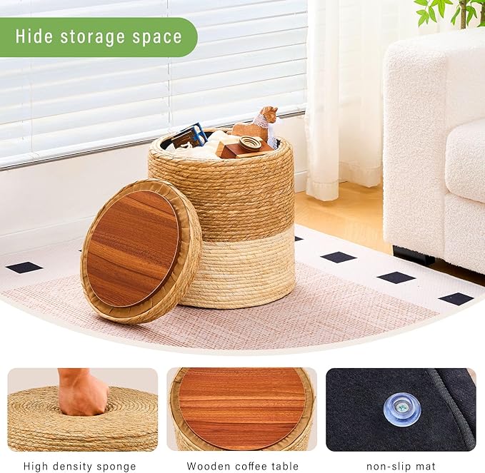 Wimarsbon Round Pouf Ottomans, Handwoven Natural Water Hyacinth Seagrass Pouffe