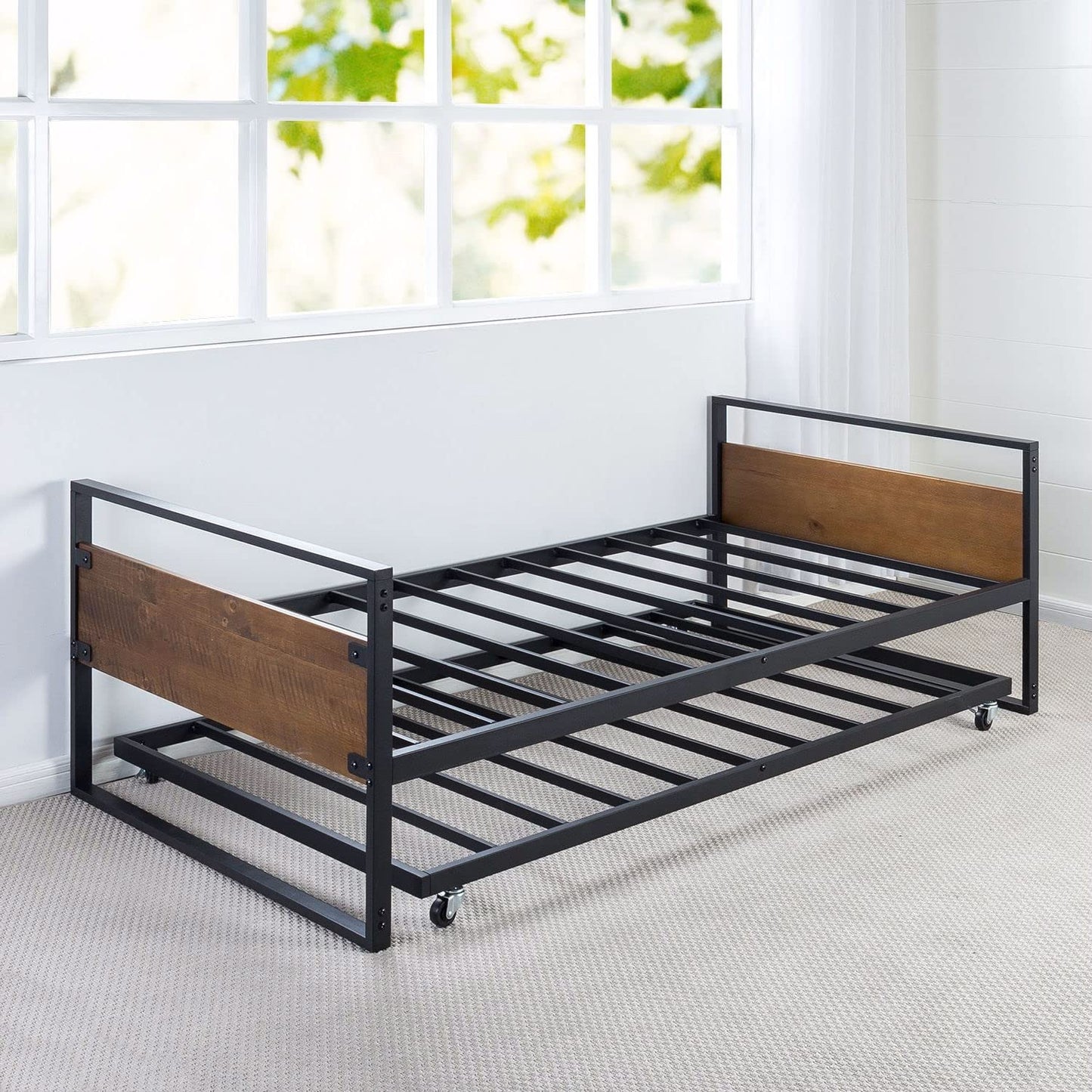 Fast Furnishings Twin Size Metal Wood Daybed Frame with Roll Out Trundle Bed