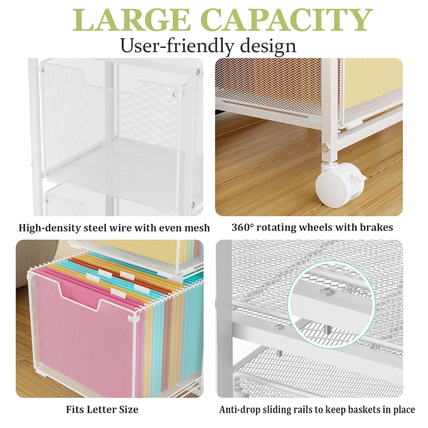 Rolling File Cart with 2 Storage Drawers,Under Desk Storage Cart,Hanging File Folder Organizer with Wheels, Filing Cabinet Mobile Printer Stand Utility Craft Cart for Home Office,White