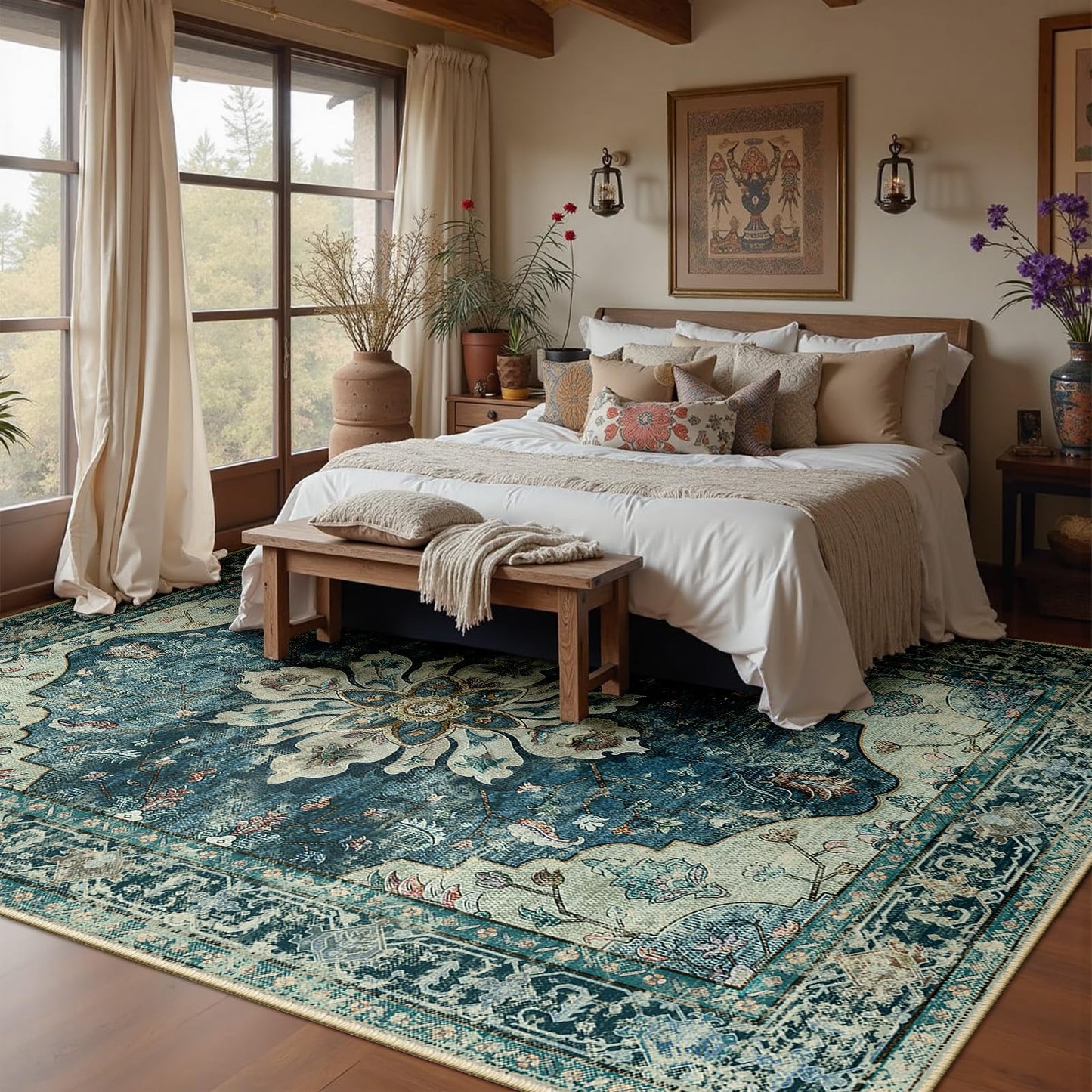 RELEANY Area Rugs 8'x10' Washable Non-Slip, Floral Vintage Distress Medallion Carpet for Living Room Bedroom Dining Room, Dark Blue Vintage