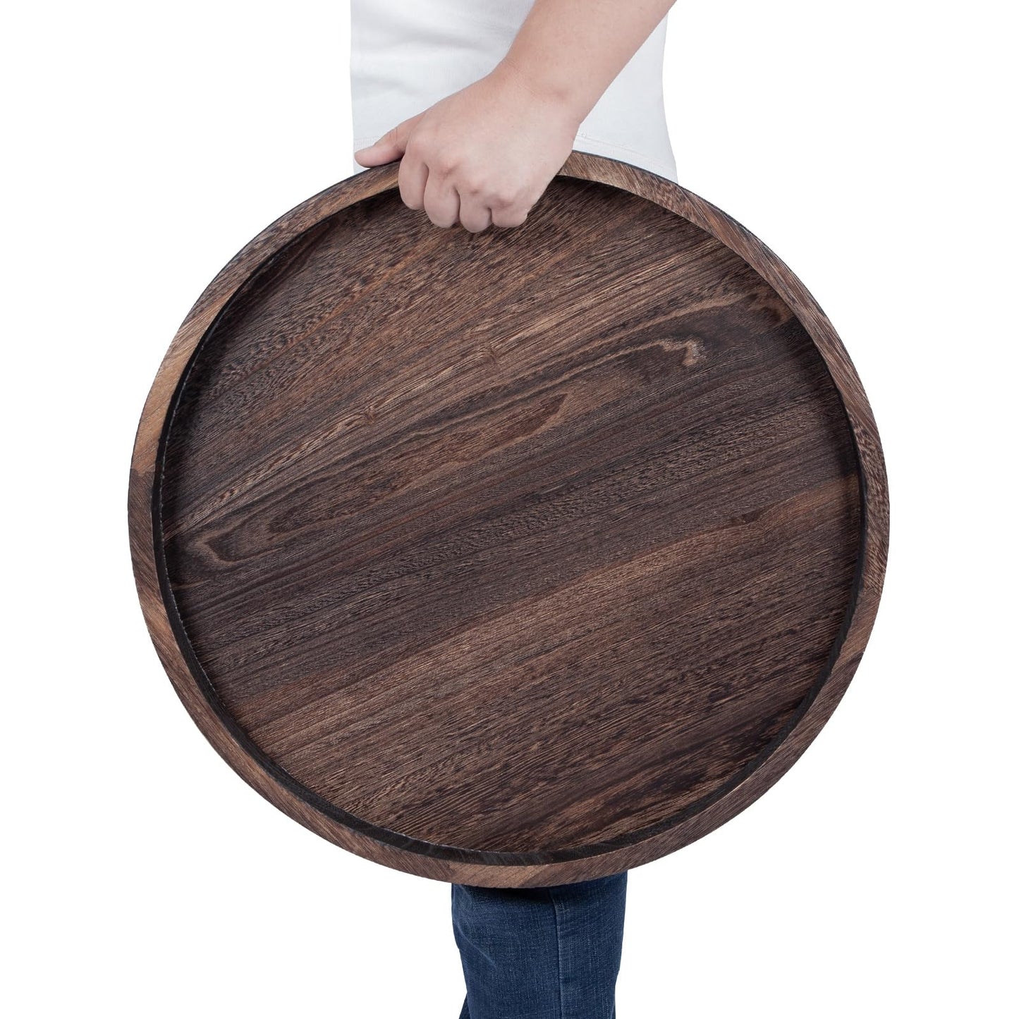 Round Ottoman Tray Large Wood Serving Tray for Table Living Room Bedroom, 20 Inches Rustic Brown