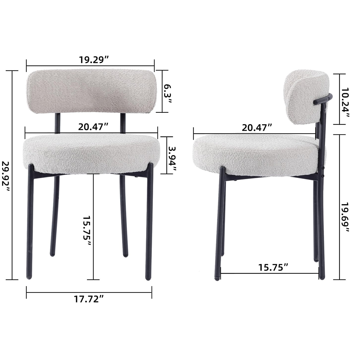 DYHOME Light Grey Boucle Dining Chairs Set of 2, Mid Century Modern Upholstered Kitchen Chairs with Curved Backrest and Black Metal Legs