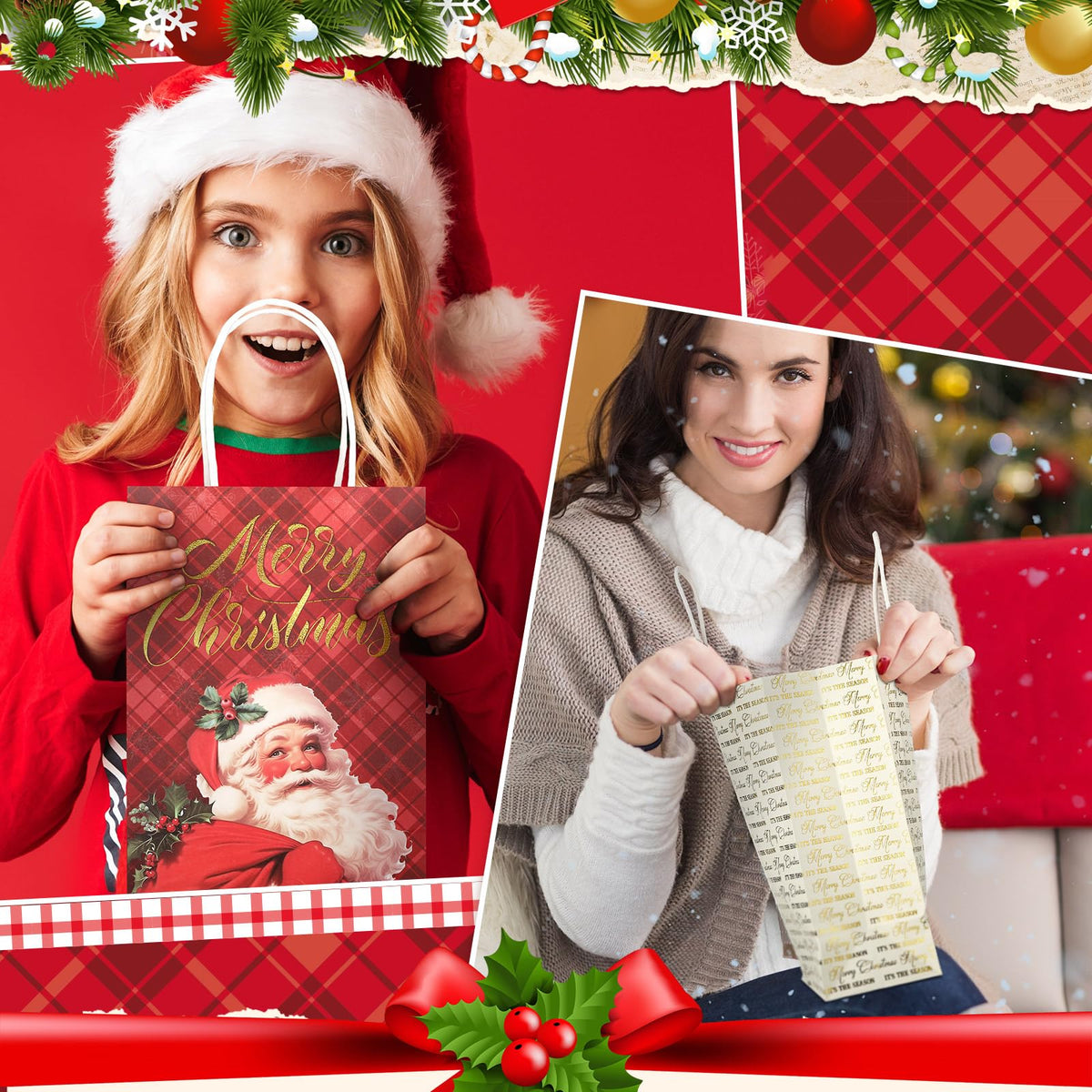 24 Pcs Christmas Gold Foil Gift Bags with Handles, 6 Assorted Xmas Designs, 8.3 x 6 x 3.5'' Holiday Kraft Paper Red and Gold Gift Bags for Christmas New Year Winter Party Favor, Goody Treat Wrapping