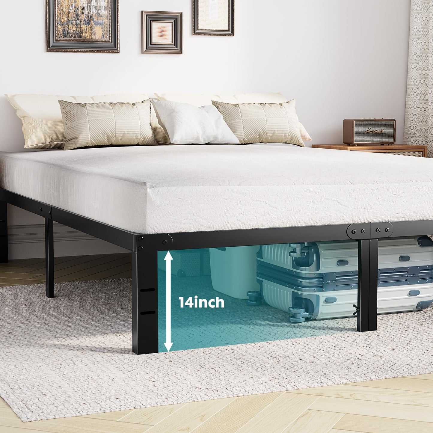 Sweetcrispy Bed Frame King - Heavy Duty No Box Spring Needed Metal Platform Bedroom Frames with Storage Space, 14 Inches High, Sturdy Steel Slat Support, Black