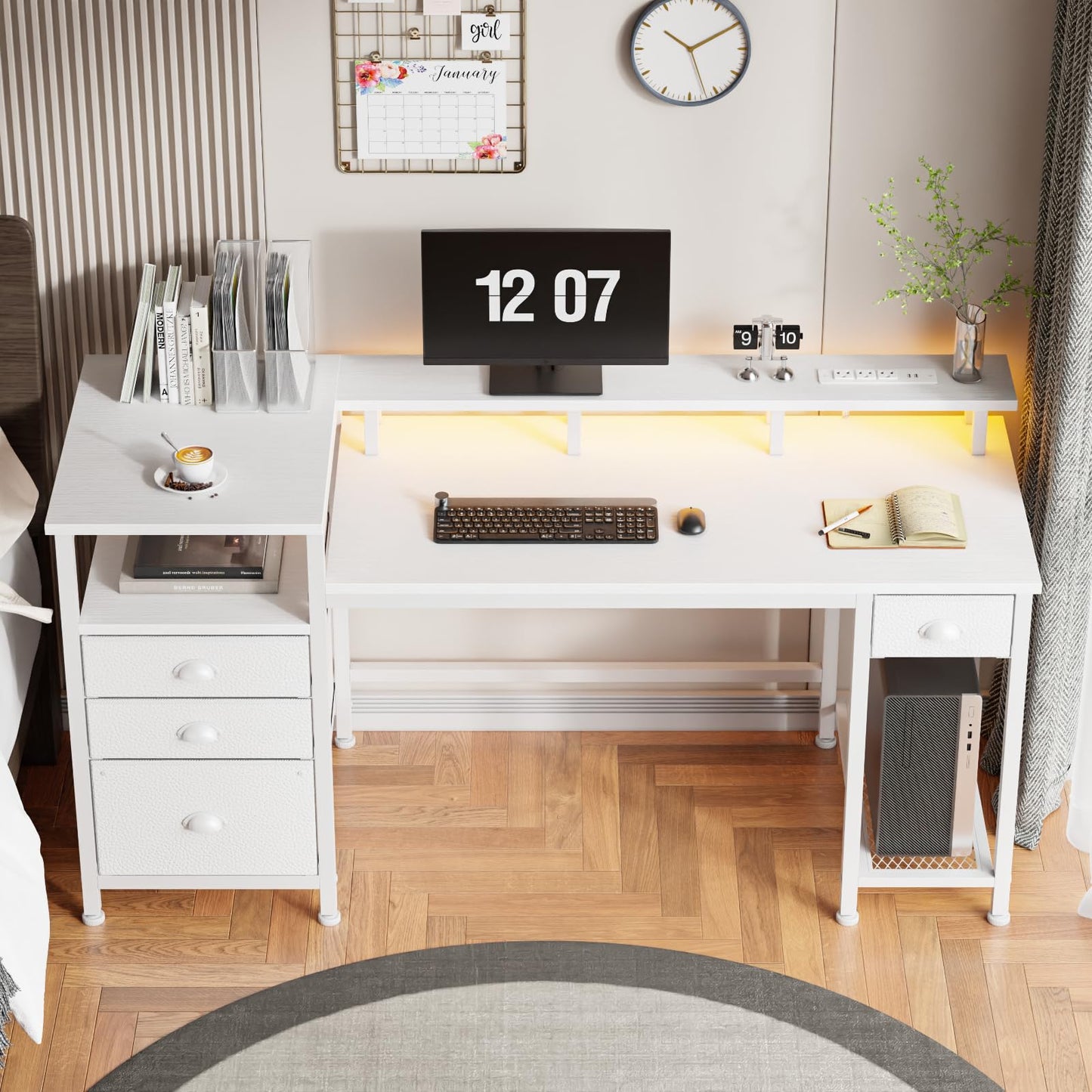 Furologee 60" White Office Computer Desk with 4 Drawers,Gaming Desk with LED Lights and Power Outlets,Long Desk with Fabric File Cabinet,Study Writing Work Table with Shelf for Bedroom Home Office