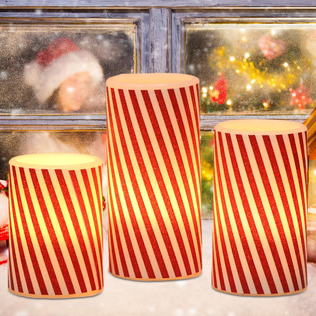 Wondise Christmas Red Stripes Glitter Flickering Flameless Candles with 6H Timer, Battery Operated Pillar Candles, Real Wax LED Candles for Home Christmas Decoration Gift(D3 x H4 x5 x6)
