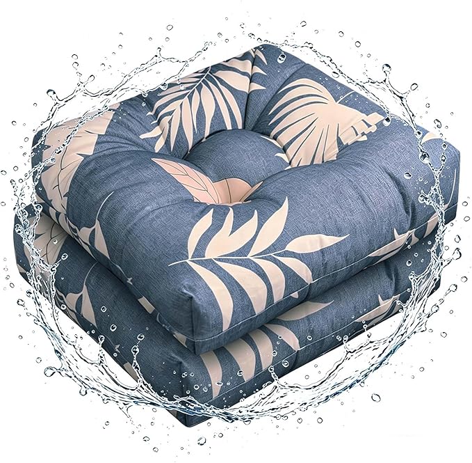 Set of 2 Outdoor Floral Square Seat Cushions Waterproof Patio Seat Pad Blue