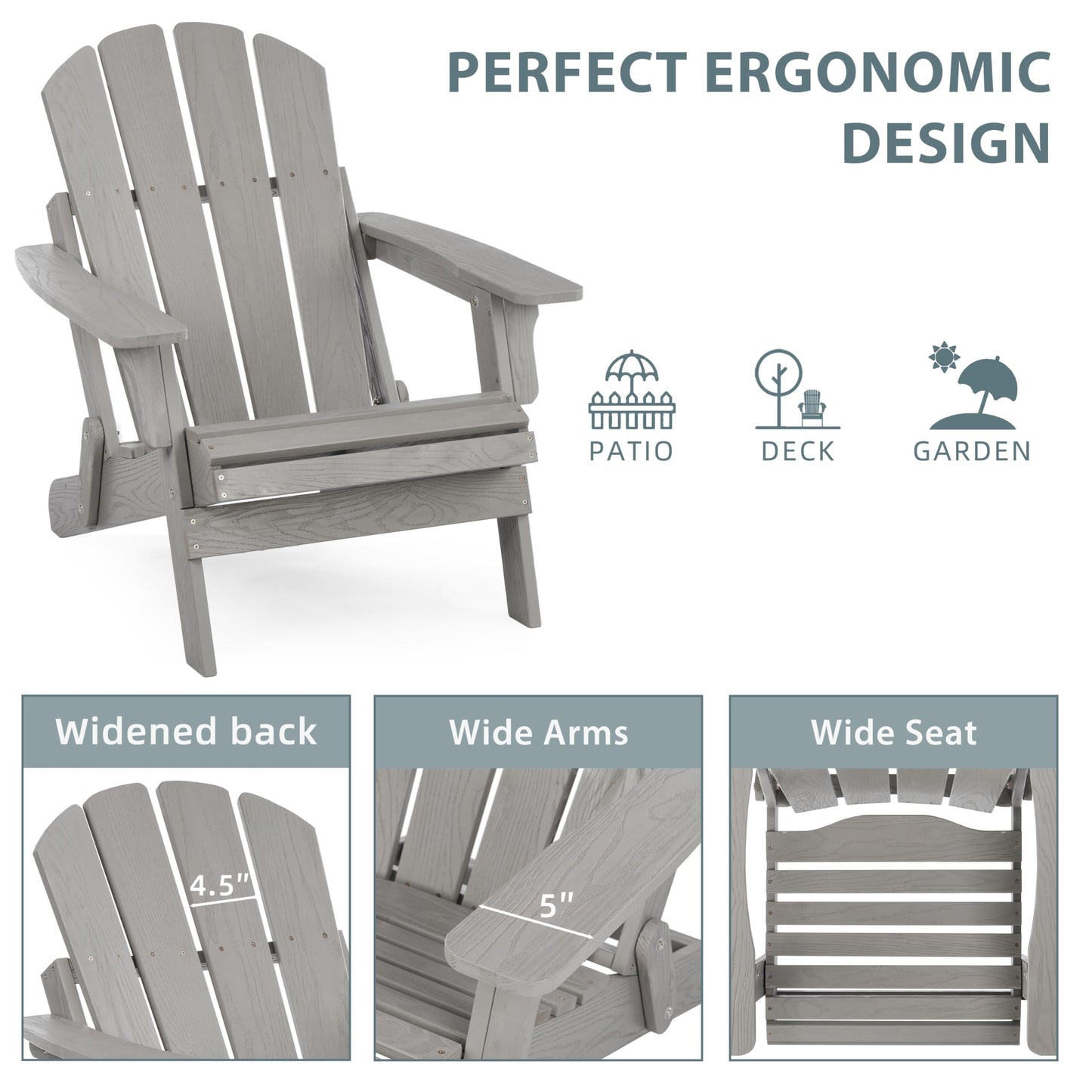 Wood-Natrl Oversized Wooden Folding Adirondack Chair with Pre-Assembled Backrest and Seat Board, Lounge Chair for Outdoor Patio Garden Lawn Backyard Firepit Deck Pool Beach (Gray)