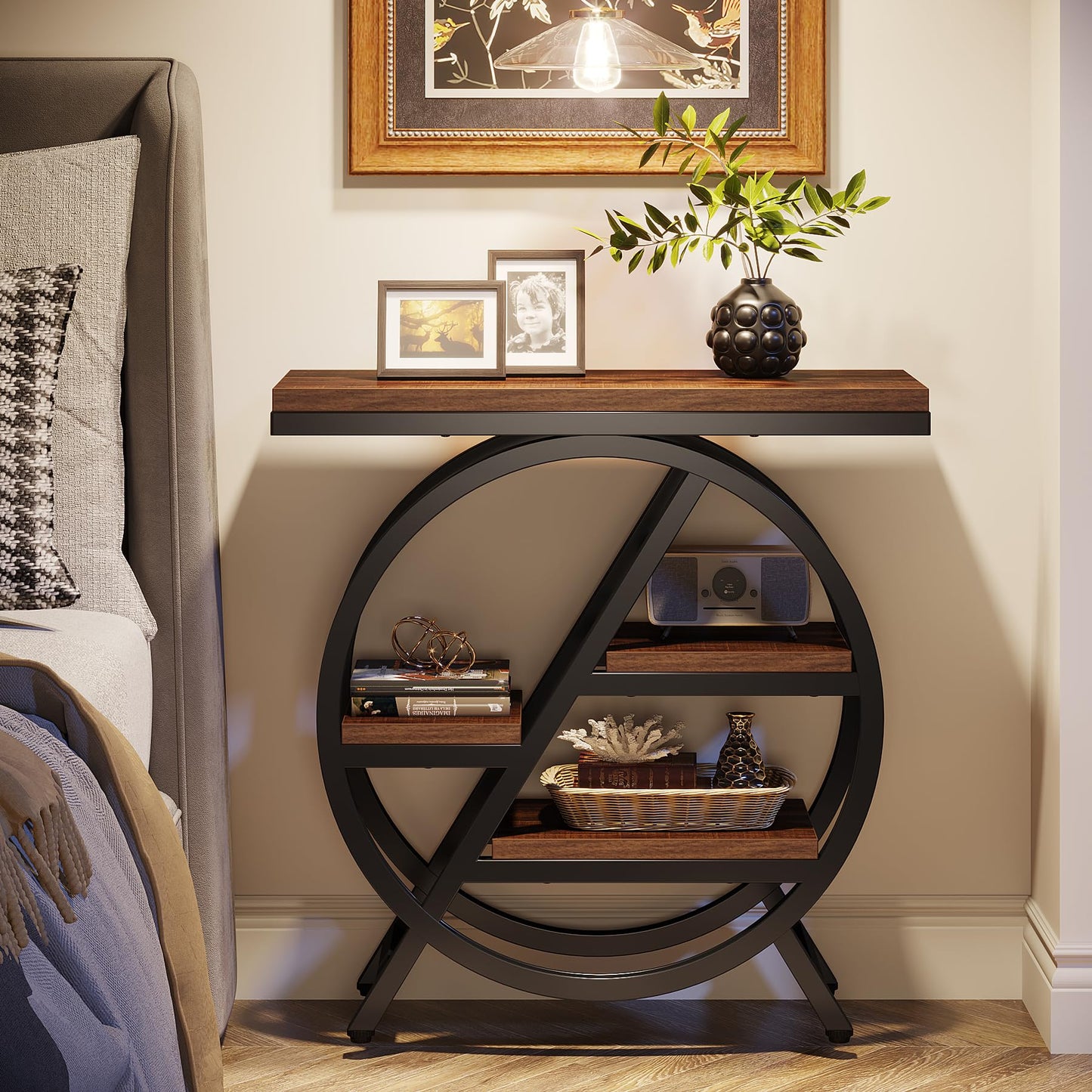 Tribesigns End Table for Living Room, 3-Tier Narrow Side Table with Storage, Wood Sofa Side Table with Geometric Metal Frame, Industrial Nightstand and Bedside Table for Bedroom