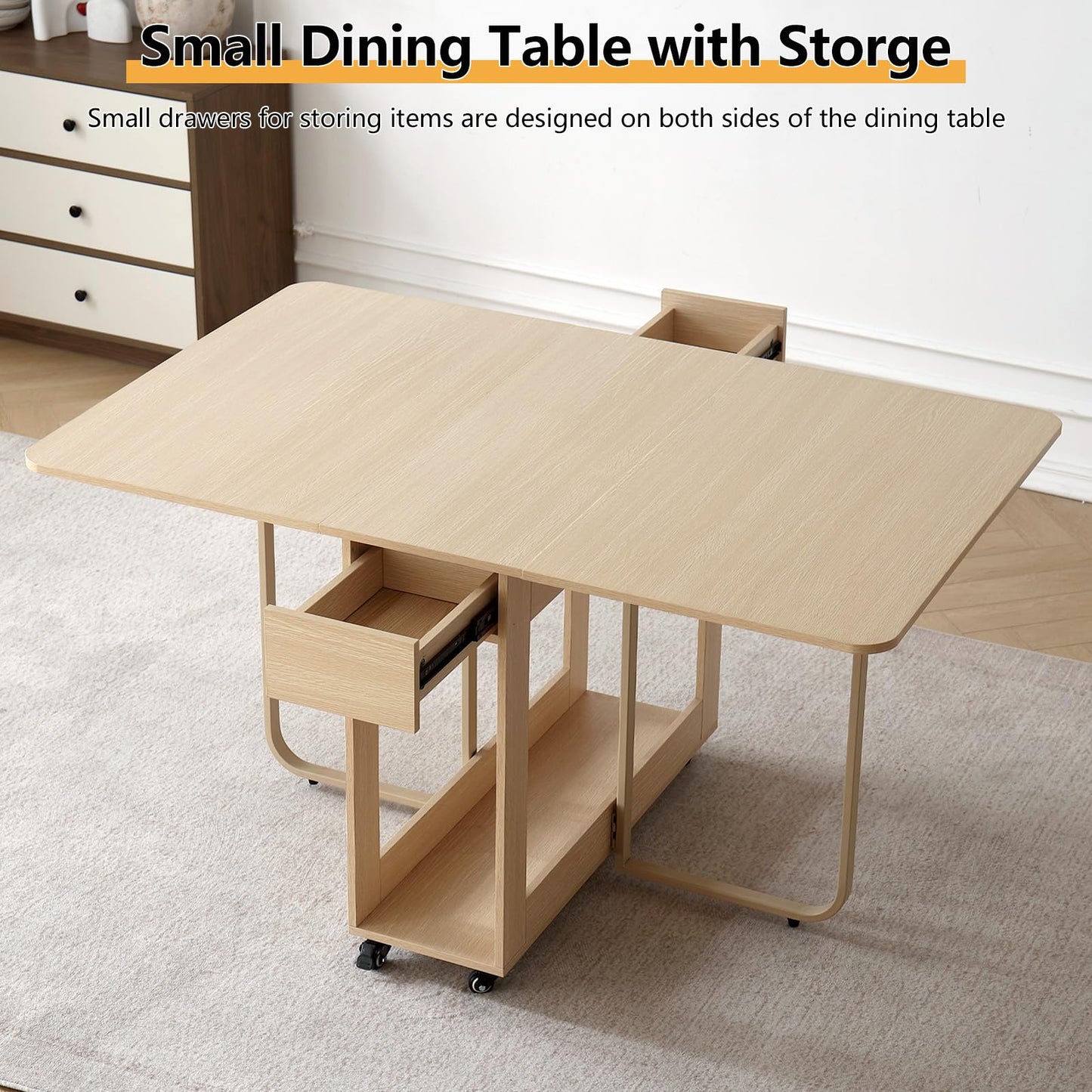 Folding Dining Room Table for 4/6 with 35.4" Extra Wide Space Saving Drop Leaf Table with Lockable Wheels & Storage, Heavy Duty Eco Solid Wood Top 300lb, Convertible Desk for Apartments/RV/Home Office